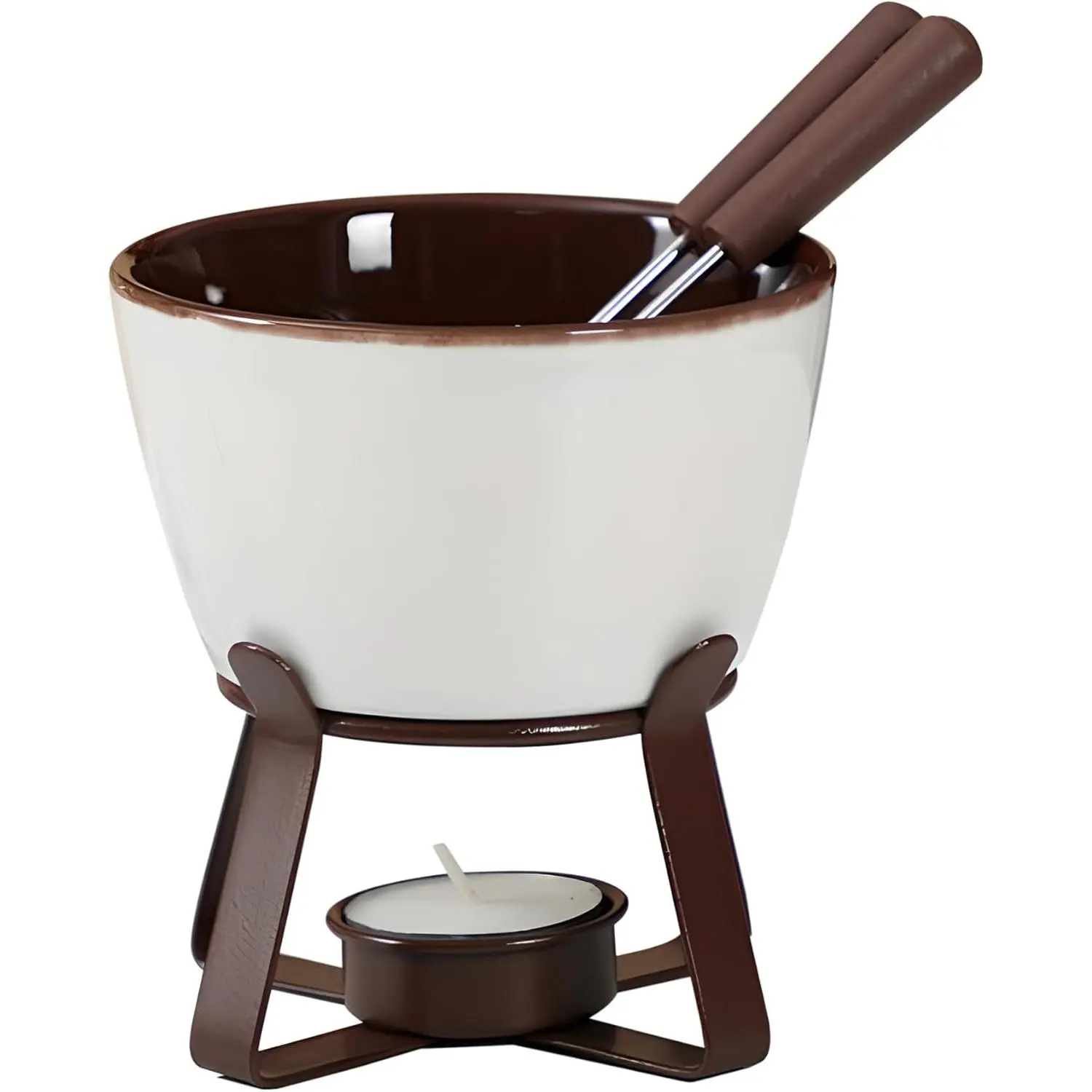 Chocolate Melting Pot Fondue Set - Tealight Cheese Chocolate Butter Warmer with 2 Forks, Perfect for Individual or Family Use (Brown)