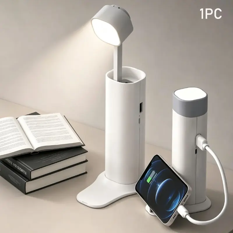 4-in-1 Wireless Charging Desk Lamp, Retractable Foldable Bedside Lamp with Phone Holder & Built in Power Bank, 3 Levels Dimmable Flashlight, for Reading, Dorm, Camping and Emergency Lighting, Wireless Rechargeable Lamp