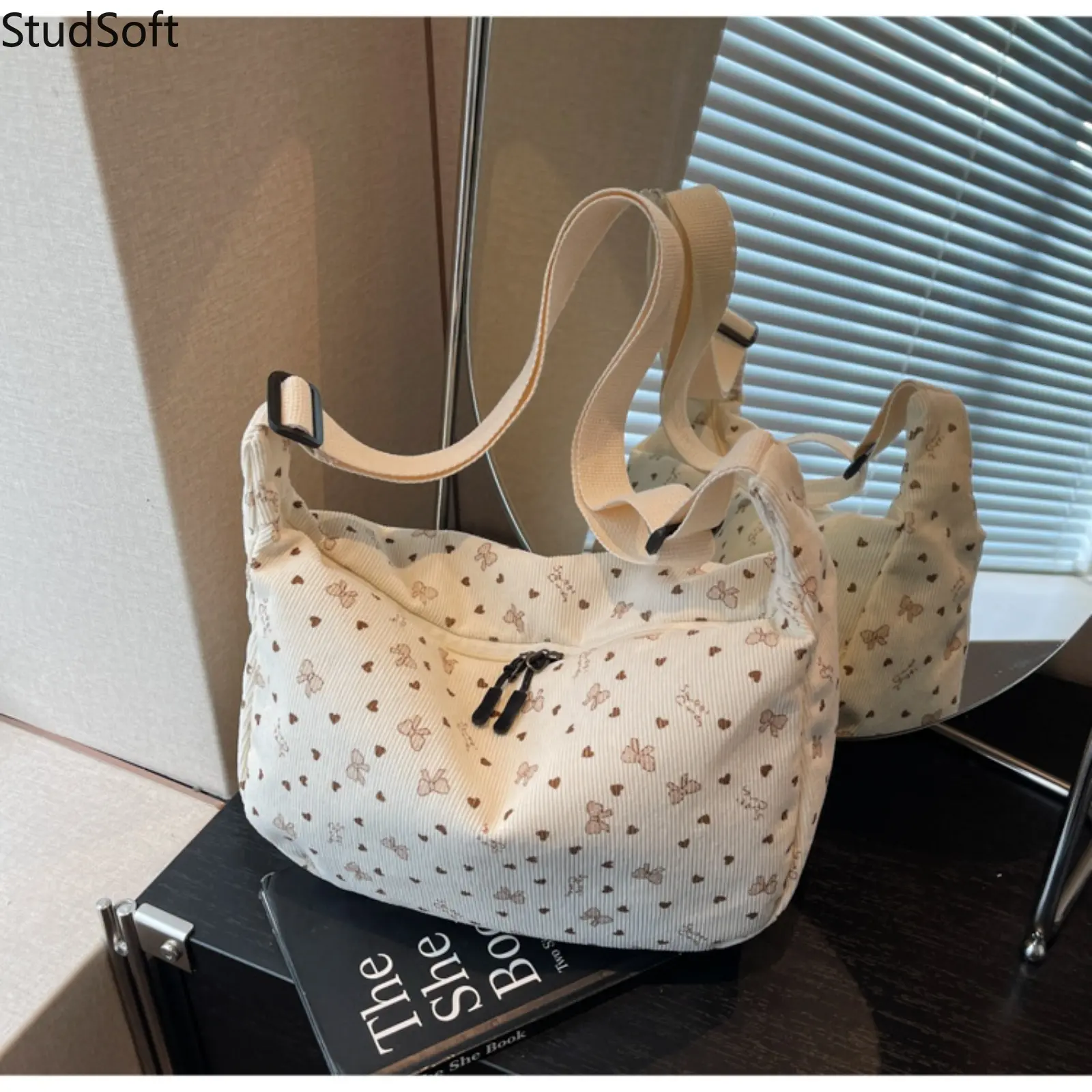 White Crossbody Bag Corduroy Shoulder Purse Large Capacity Slouchy Hobo Bag with Bowknot Heart Print Korean Ins Style School Travel,back to school,back to school haul
