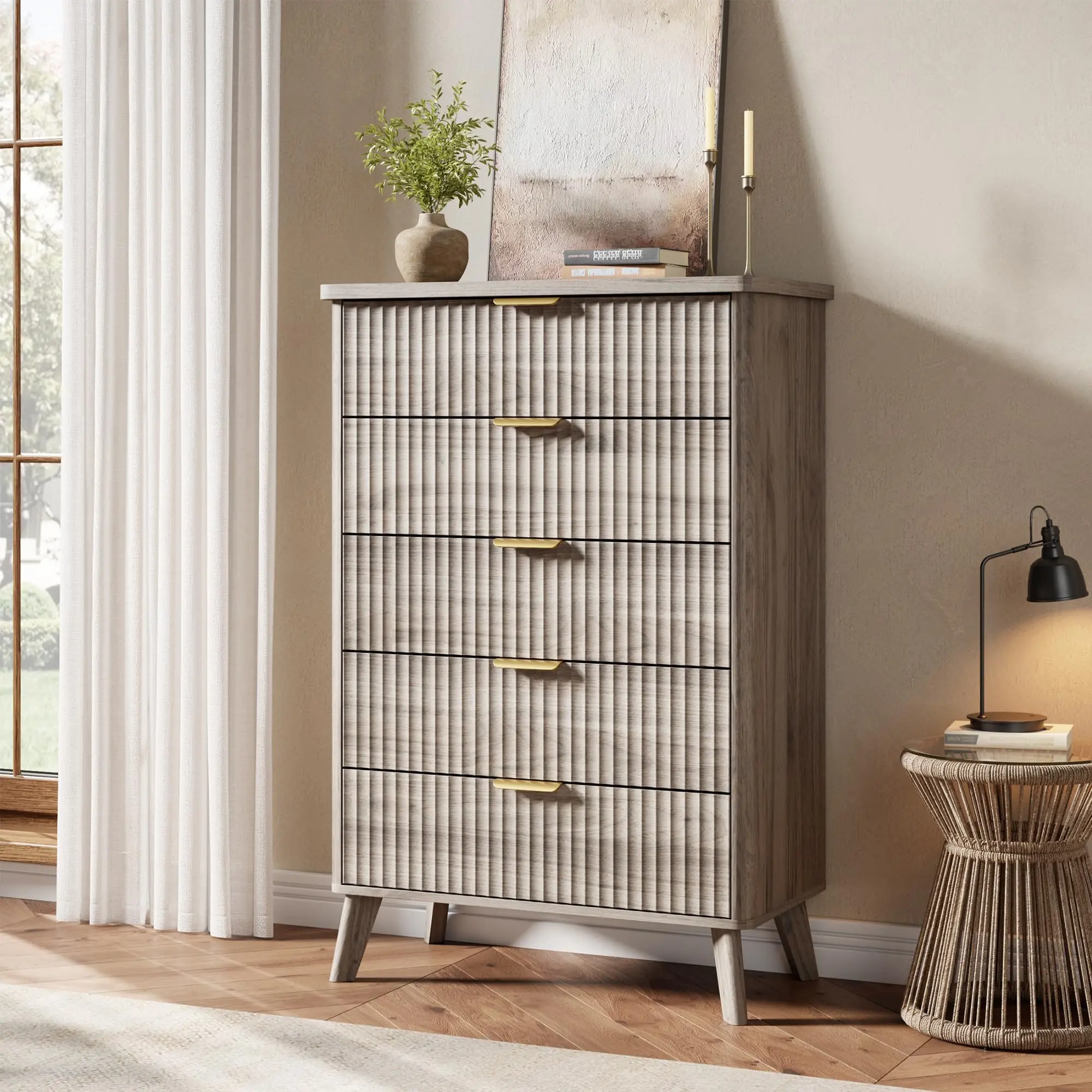 Garvee Fluted Modern Wooden Dresser with 5 Deep Drawers, 47.2 in Tall Chest of Drawers, Curved Profile Design, Ideal for Bedroom, Living Room, Hallway, and More, Grey Finish