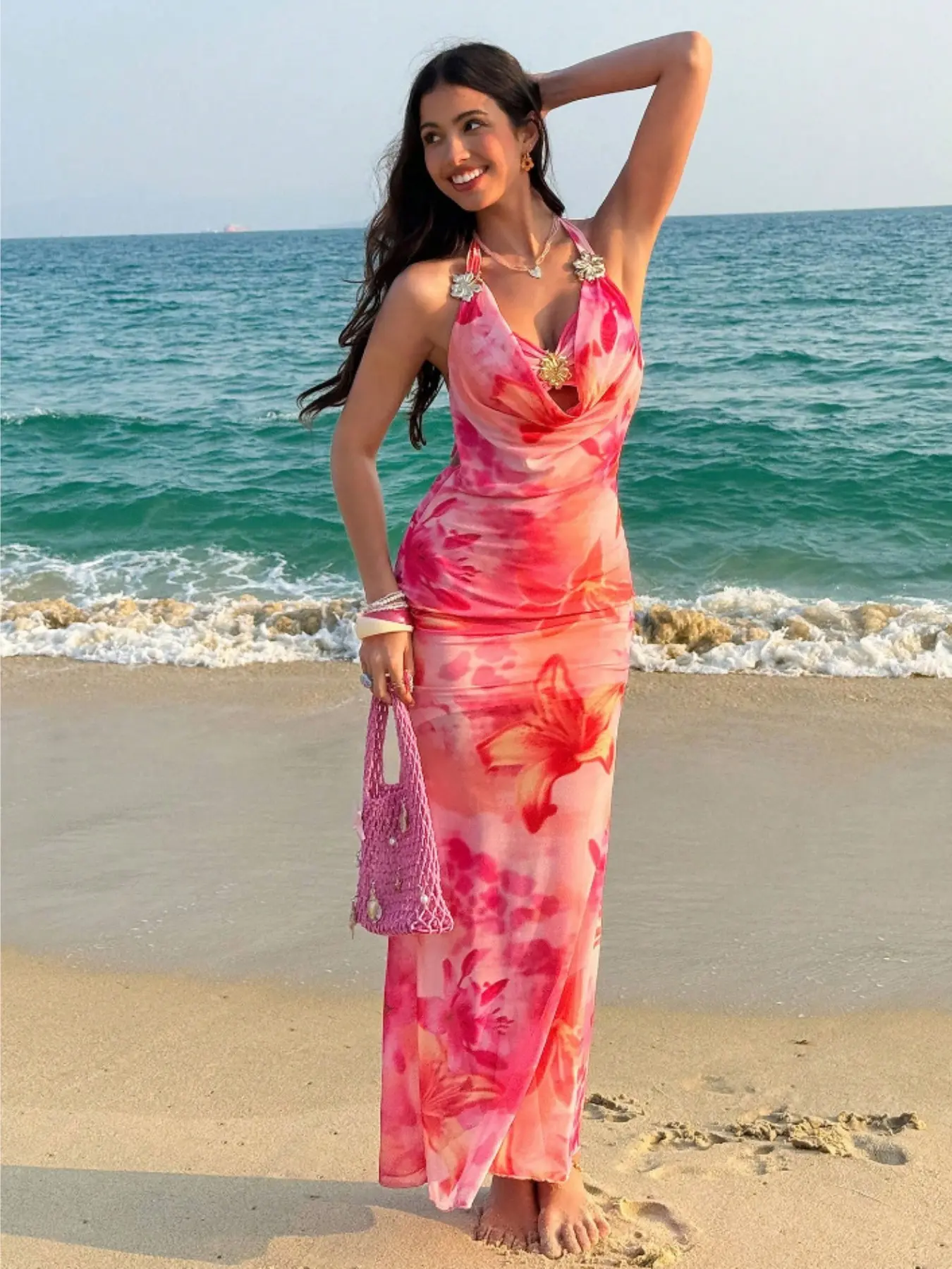 Halter Maxi Dress Featuring Pink Lily Floral Print With Draped Neck Cutout And Metal Flower Decor Slim Mesh Fabric For Beach Vacation