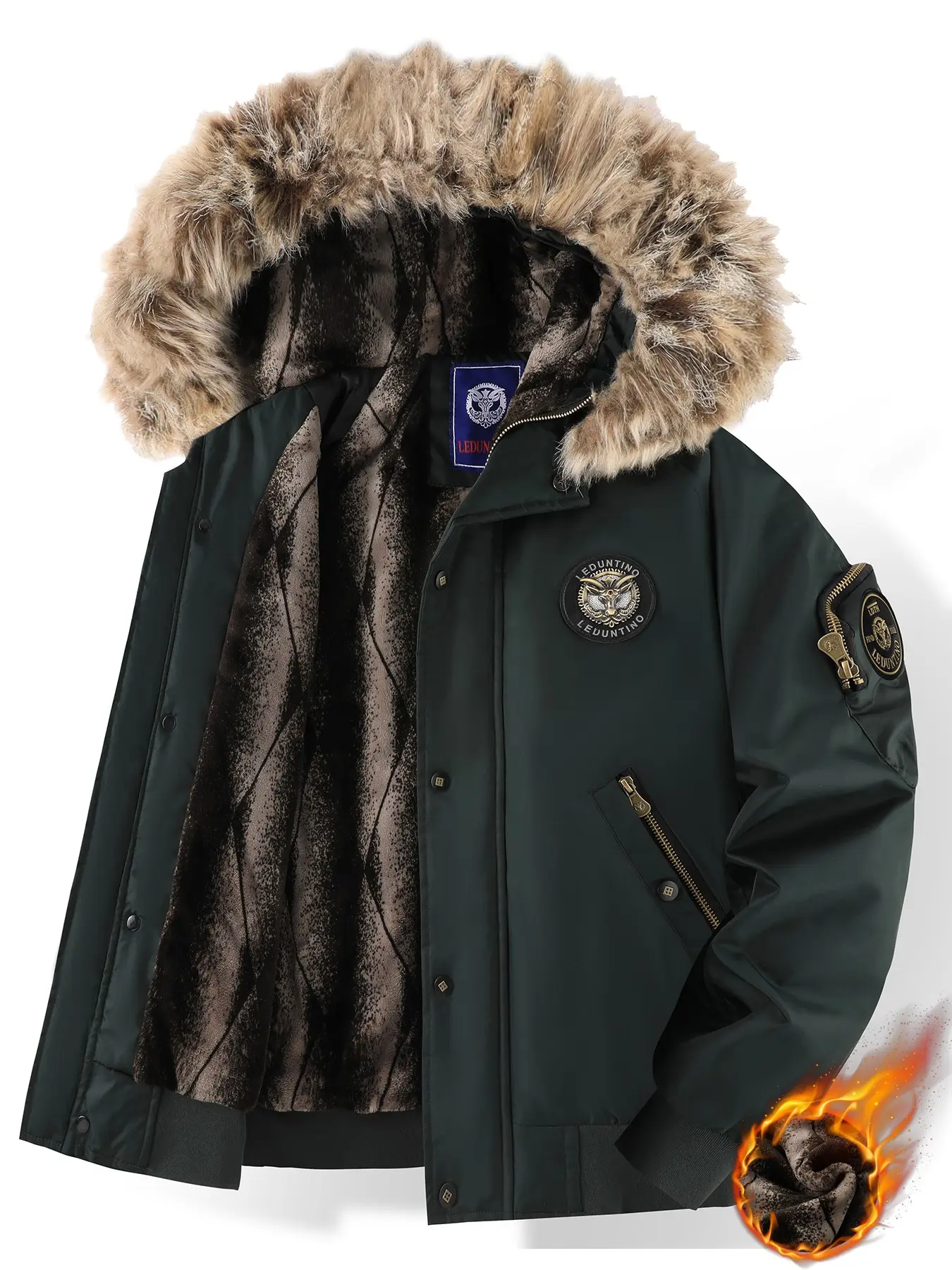 Men's Winter Large Fur Collar Hooded, Thick Plush Lining Windproof Warm Workwear Coat, Stylish, Cozy and Trendy Outerwear for Cold Weather