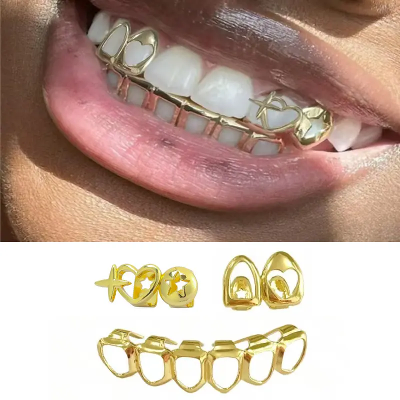 3Pcs Hip Hop Star & Heart Teeth Grillz Set, Gold Plated Removable Dental Grills, Rapper Party Tooth Jewelry For Men Women