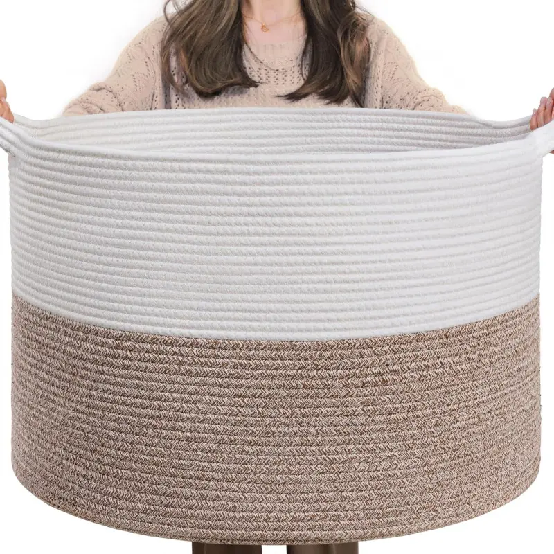 Blanket Basket for Living Room 21.7" x 21.7" x 13.8"-Storage Basket with Handle for Organizing Pillows Woven Cotton Rope Laundry Basket Stuffed Animal Storage for Play Room