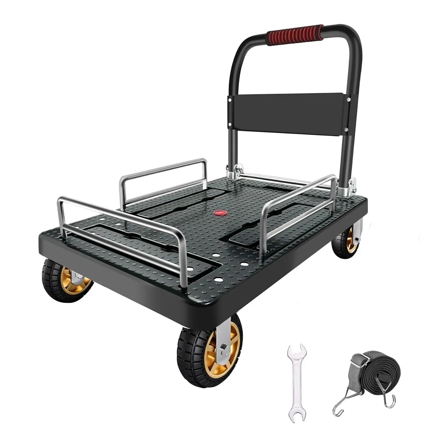 Garvee Heavy-Duty Platform Truck Cart with Foldable Guard Rails, 35.4 x 23.6 Inch Steel Flatbed Dolly on Wheels, Multi-Purpose Collapsible Trolley for Warehouse, Garage & Moving Transport