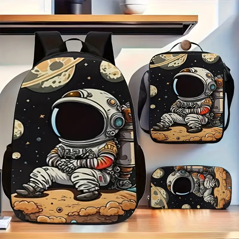Starry Sky Astronaut Print Unisex Backpack 3pcs Set - Includes Sling Bag and Pencil Case, for Teenager