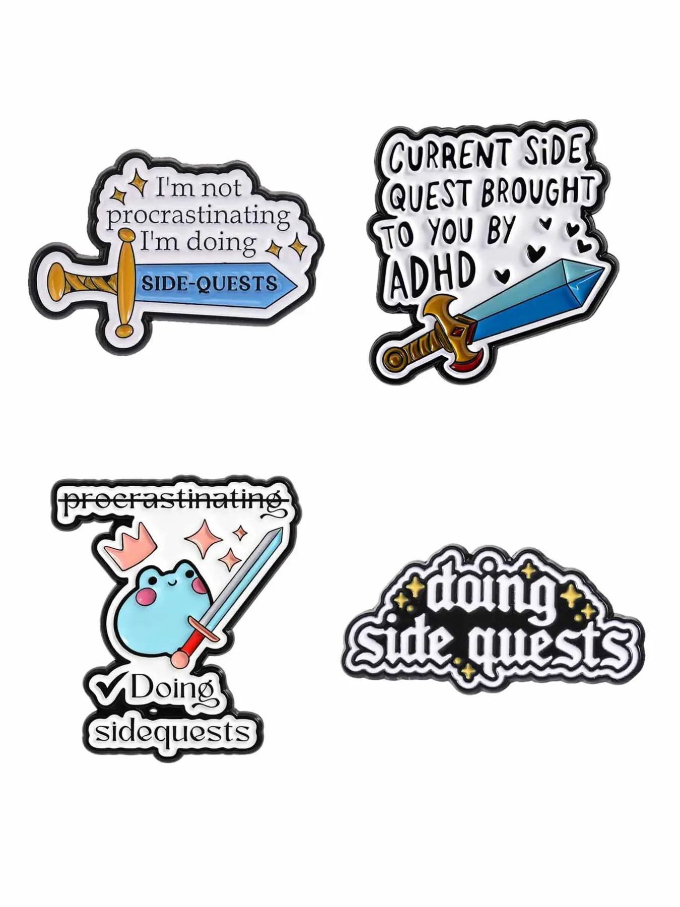 4 Styles Side Quests Enamel Pin Set, Adhd Meme Cartoon Frog Metal Brooch, Gift for Gamers & Adhd Community, Unique Fashion Accessory