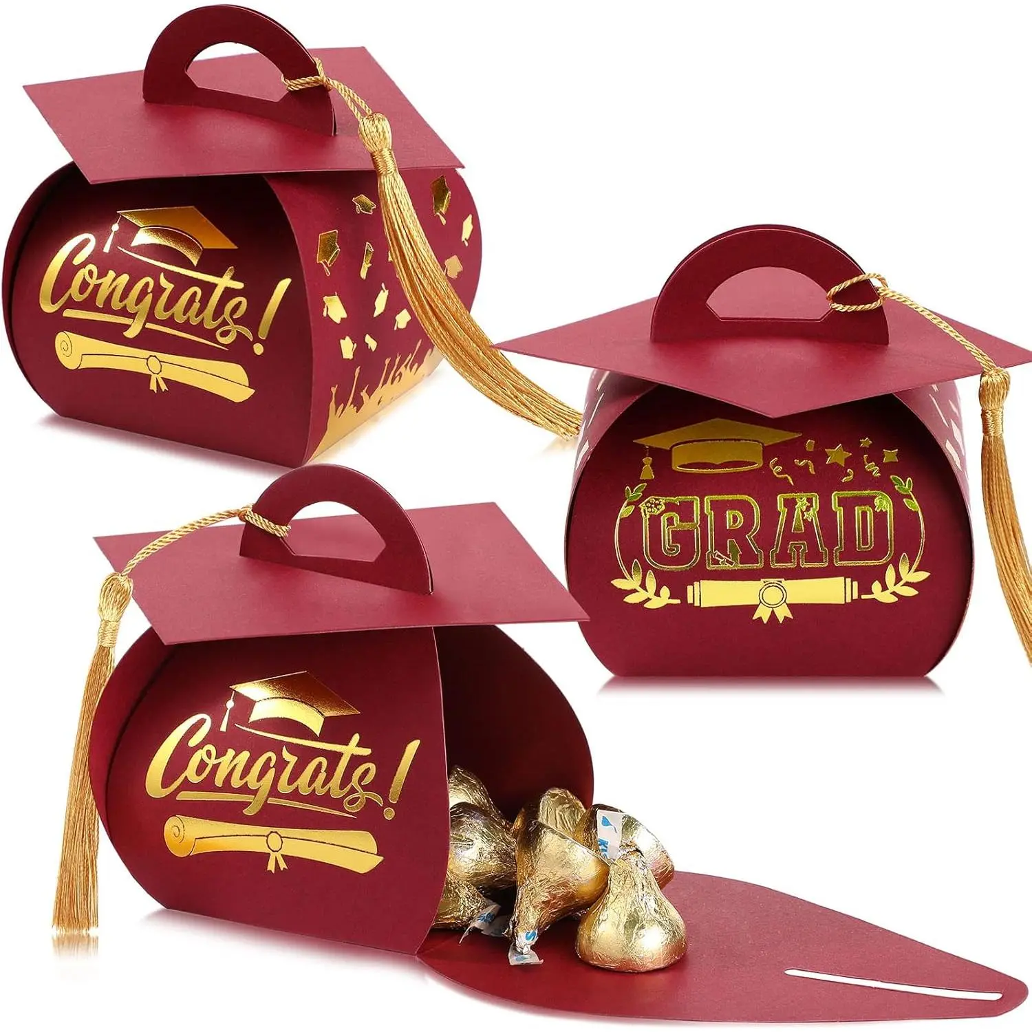 30 Graduation Cap Gift Boxes, Graduation Decorations, Class of 2026 Graduation Candy Boxes with Tassels, Suitable for 2026 Graduation Party Gifts (Maroon, Gold)