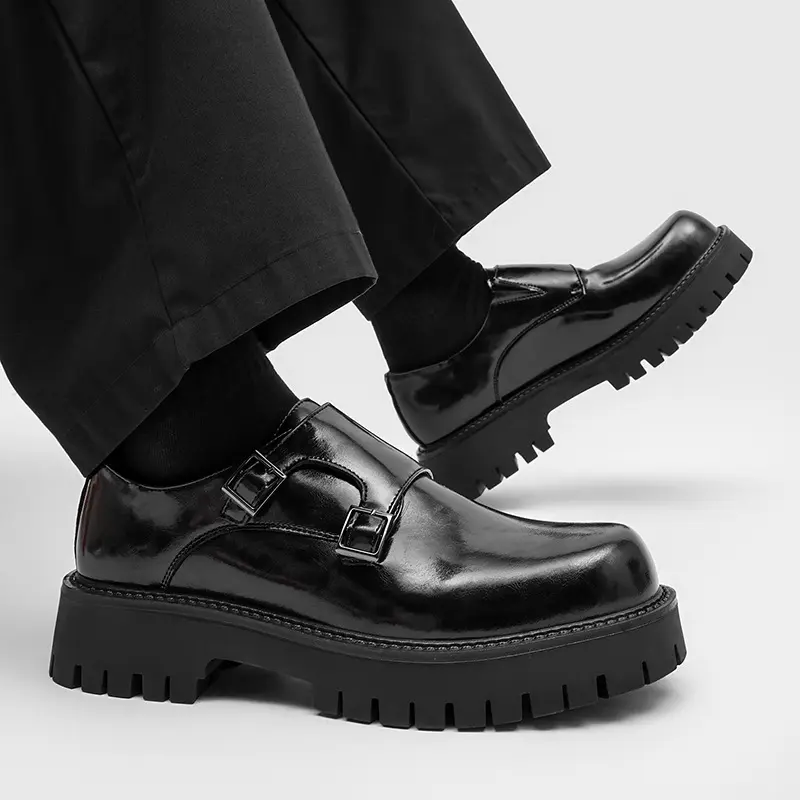 Mens Chunky Platform Monk Strap Double Buckle Slip On Glossy Leather Square Toe Thick Lug Sole Dress Shoes Height Increasing Gothic Punk Streetwear Y2K Grunge Vintage Retro Business Casual Korean Trendy Avant Garde Non Slip Loafers Heavy