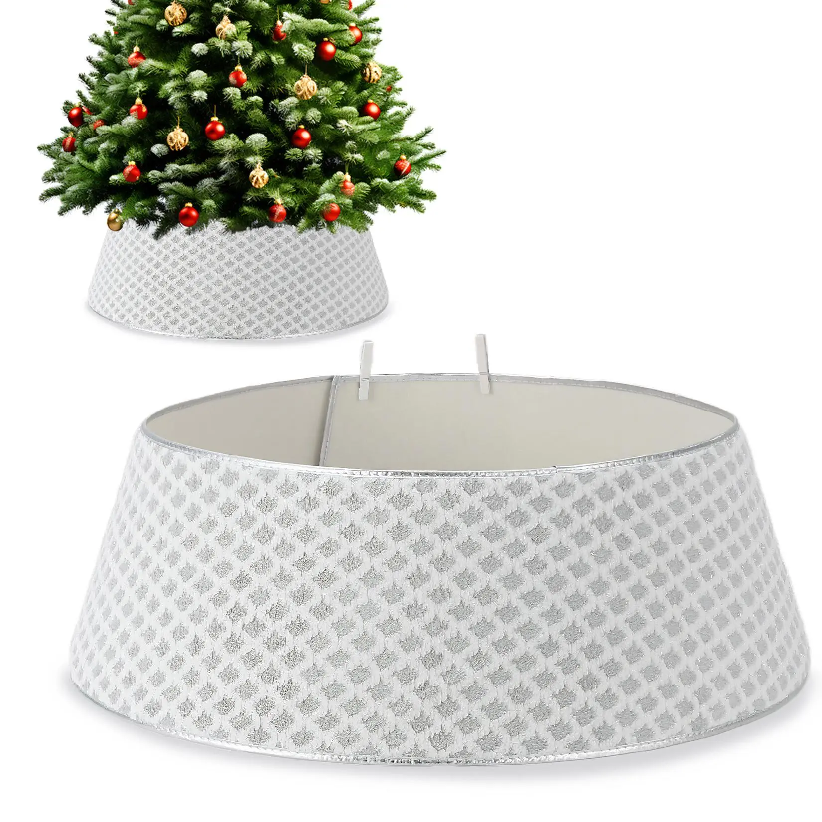 Diamond Quilted Felt Christmas Tree Collar Set, Soft Tree Skirt Cover with Adjustable Metal Clips & Hook-and-Loop, Pet-Resistant & Durable, Fits Up to 31" Base, Hides Stand & Cords, Easy-Install Indoor Holiday Decor