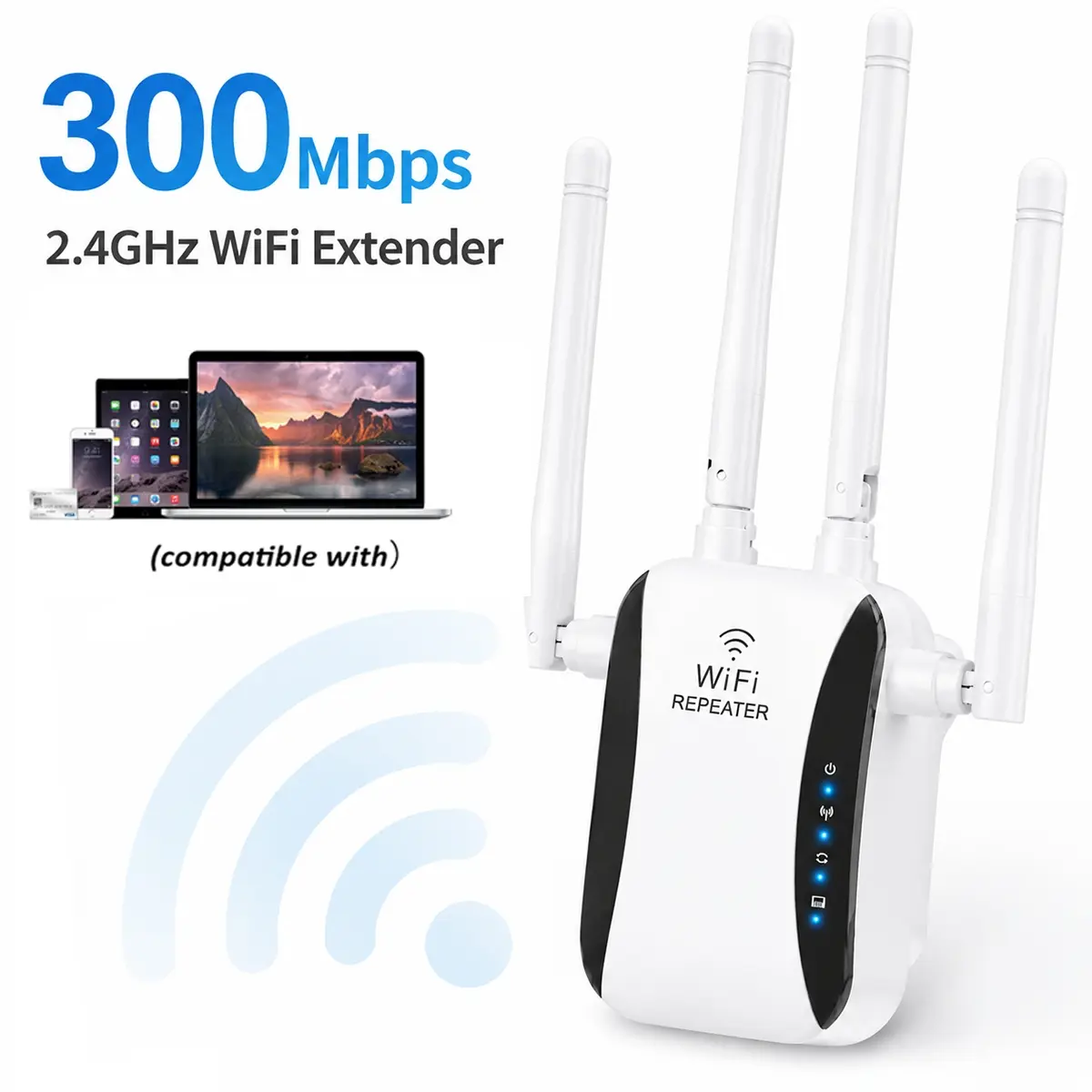 WiFi Extender Signal Booster, 300Mbps 2.4GHz WiFi Repeater for Home, Whole House Coverage Up to 5000 Sq.Ft, 4 High Gain Antennas WiFi Range Extender with Ethernet Port, Easy Setup