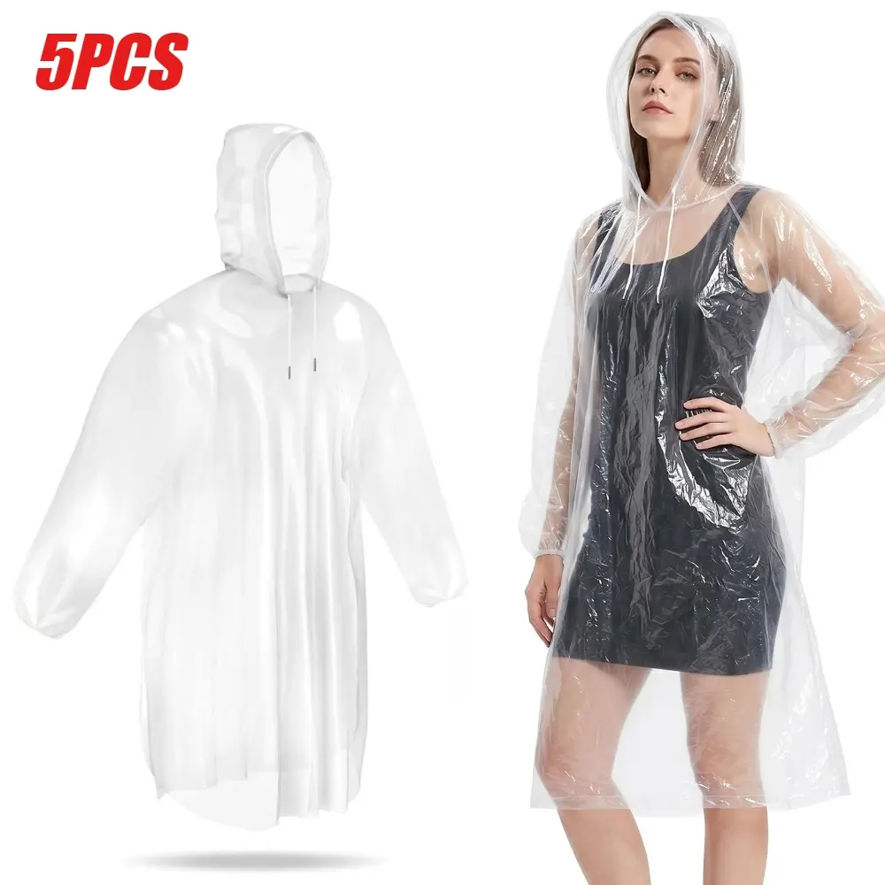 Adult Disposable Rain Poncho, Transparent Clear Hooded Cape, Emergency Rainwear for Hiking, Camping, and Travel
