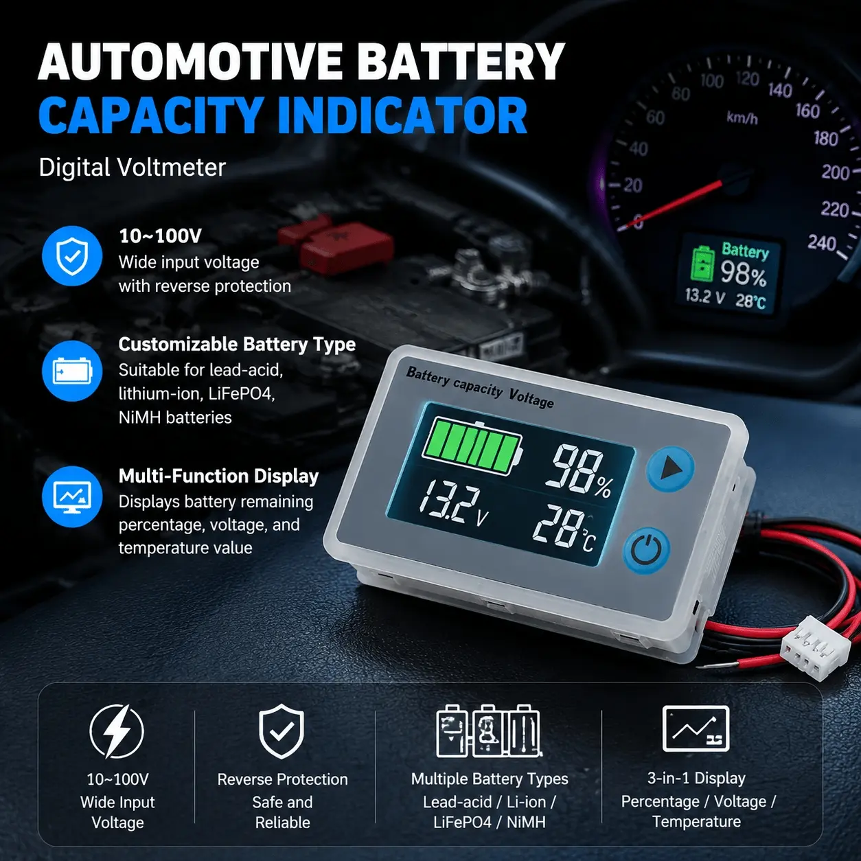 Programmable Battery Capacity Monitor 10-100V with LCD Display, Voltage Temperature Meter, Accurate Battery Health Indicator for 12V 24V 36V 48V Lithium Batteries, Real-Time Percentage Level Gauge for Various Battery Types