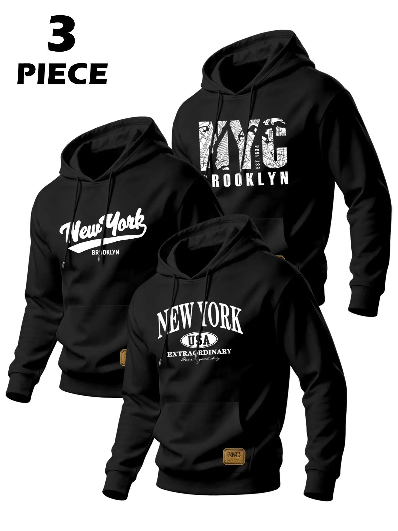 Men's 3-Pack Retro Nyc Embroidered Hoodie, Casual Long Sleeve Letter Print, Loose Fit Fall Winter Fashion, Trendy Brooklyn Sweatshirt