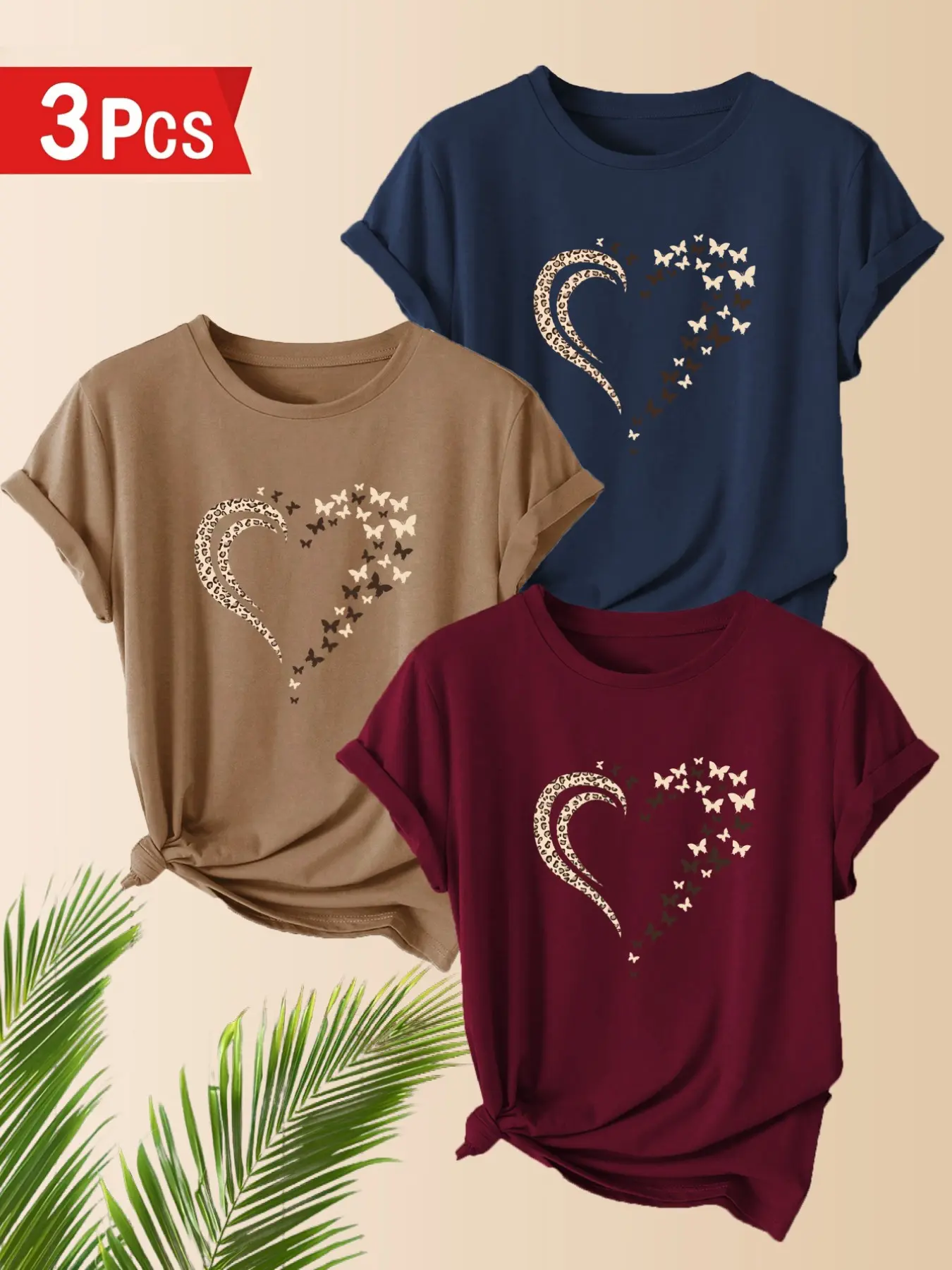 3-Pack Women's Casual T-Shirts, Butterfly Heart Print, Polyester, Round Neck, Short Sleeve, Comfortable for Spring & Summer, Casual Comfy Top, Round Neckline Tee