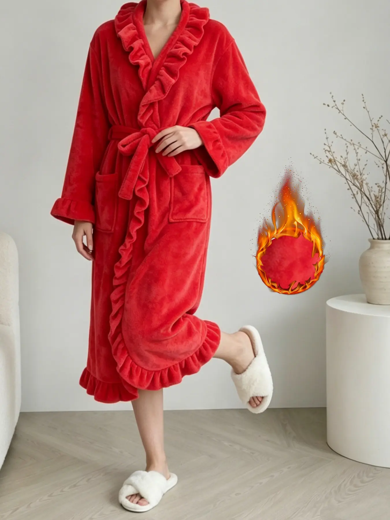 Women's Fall Winter French Style Ruffle Bathrobe, Elegant Loose-Fitting Flannel Sleep Robe, Long Home Loungewear Robe with Pockets