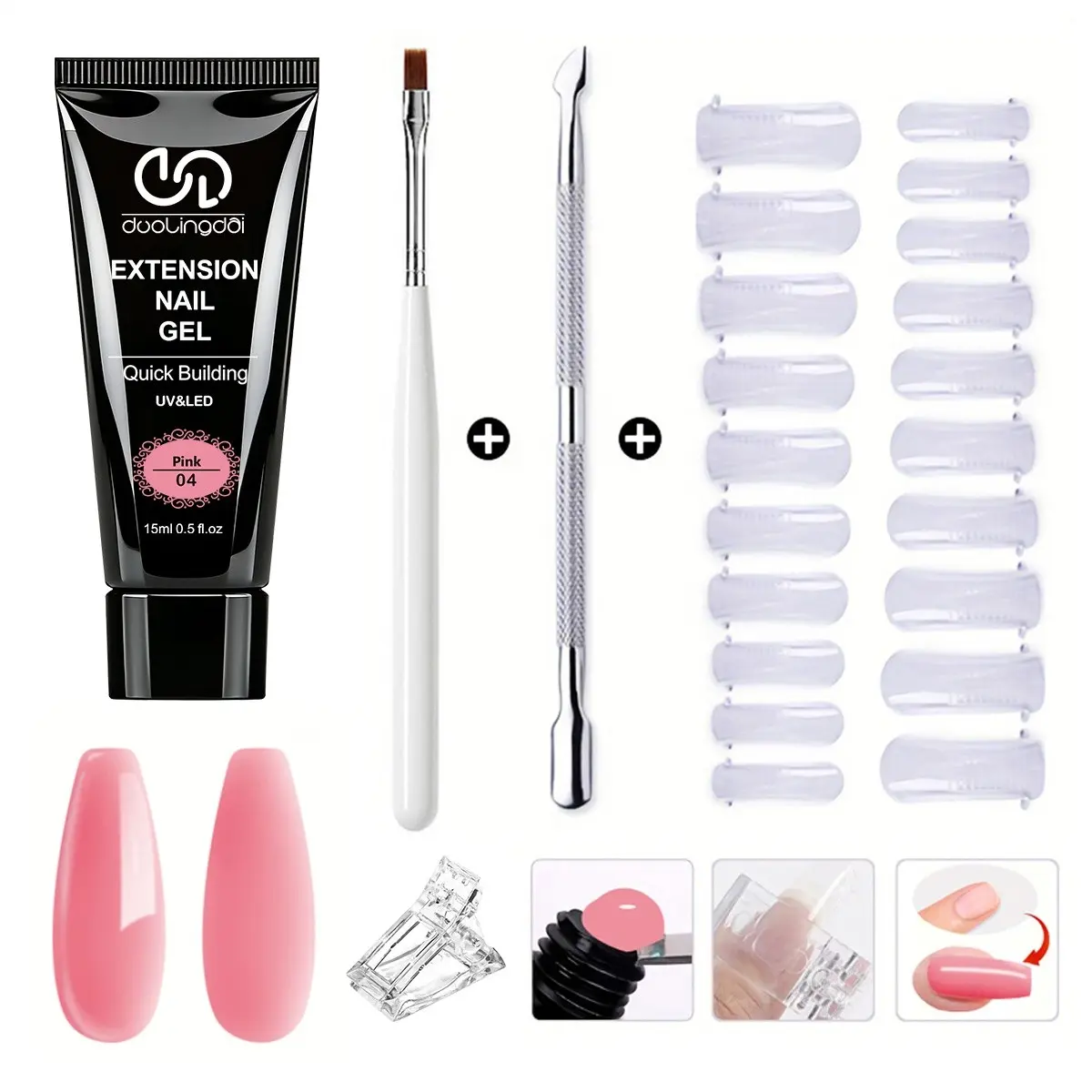 Duolingdai Quick Shape UV Nail Extension Gel Nail Art Set, 15ML Natural Semi-Transparent Gel, Includes Reusable Forms, Clips, Brush, Cuticle Pusher