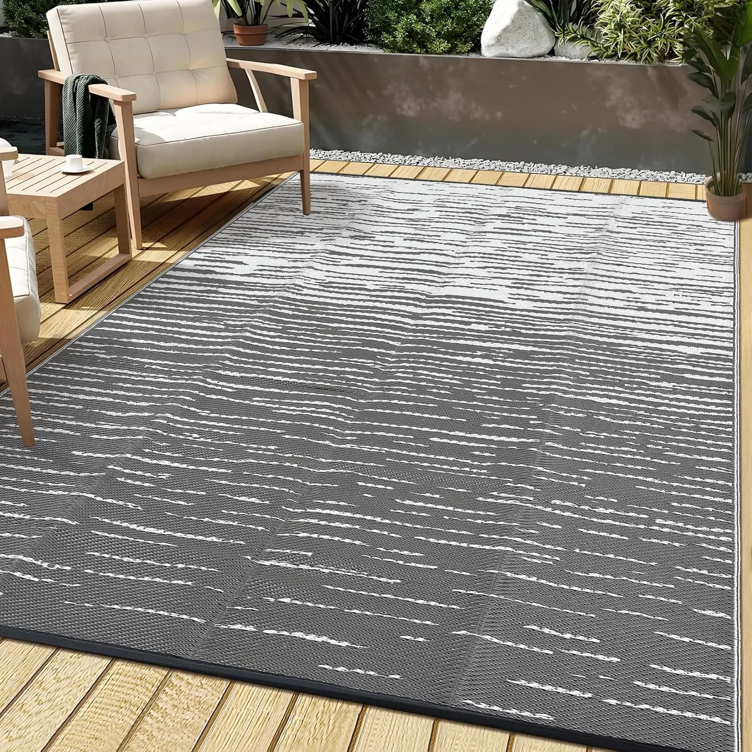 Waterproof Outdoor Patio Rug, Modern Striped Plastic Straw Rug, Reversible UV Resistant Outside Rugs for Backyard, RV, Camping, Deck, Porch, Beach Picnic,back to school,dorm essentials,home decor,home essentials