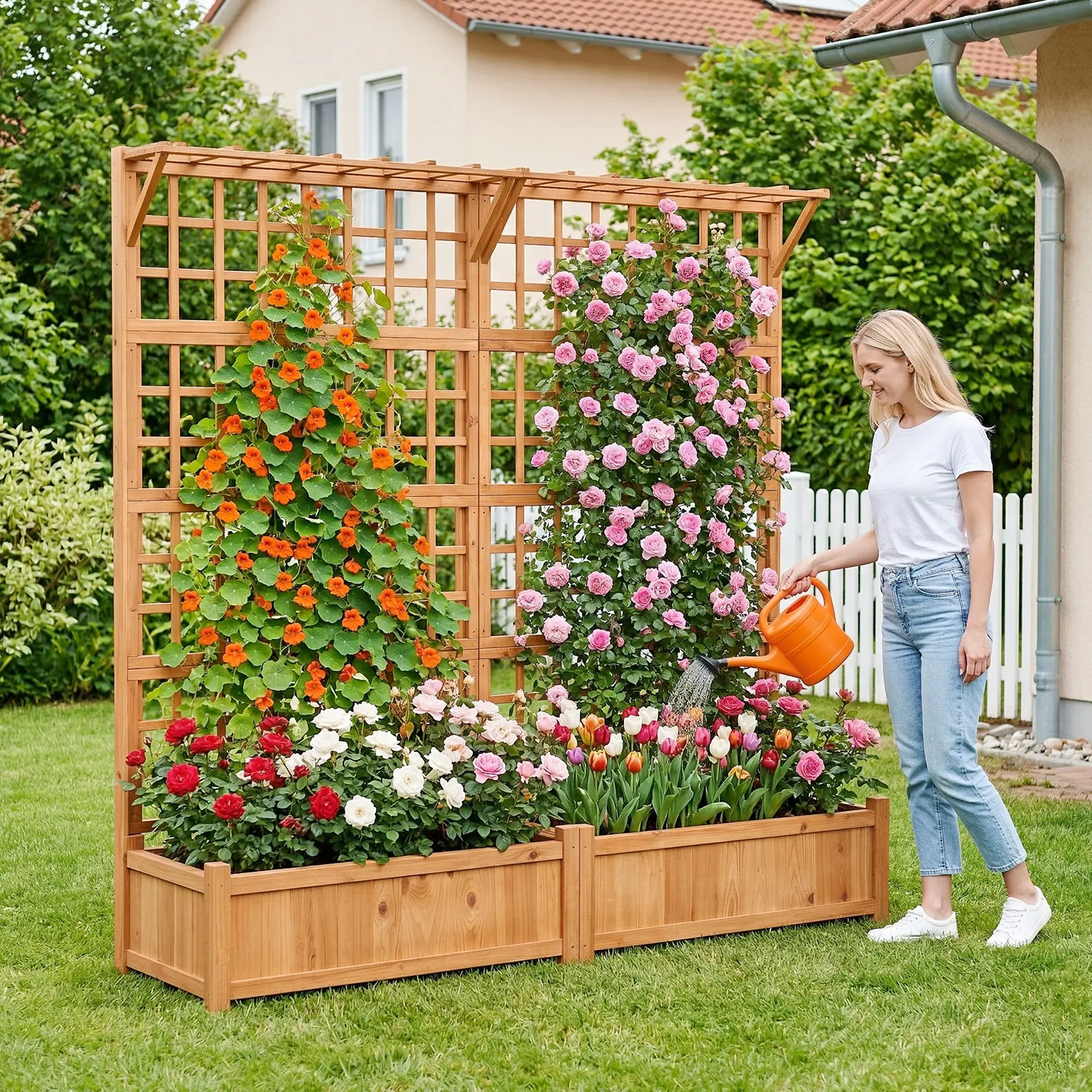 Garvee 2-Pack Wooden Raised Garden Beds with Trellis - Outdoor Planters with Hanging Roof, Drainage Holes, Elevated Space-Saving Solution - Climbing Plant Stand for Plant Growth, Flowers, Balconies - Natural Finish, Elevated Design