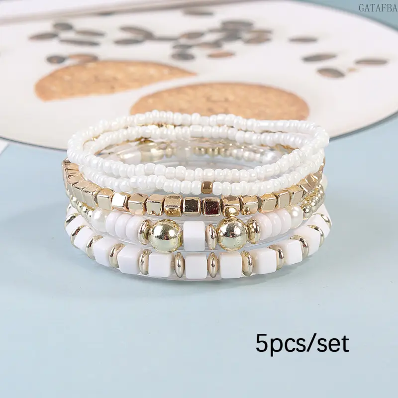 5Pcs Elegant Seed Bead Bracelet Set, Unique Trendy Stackable Wrist Jewelry