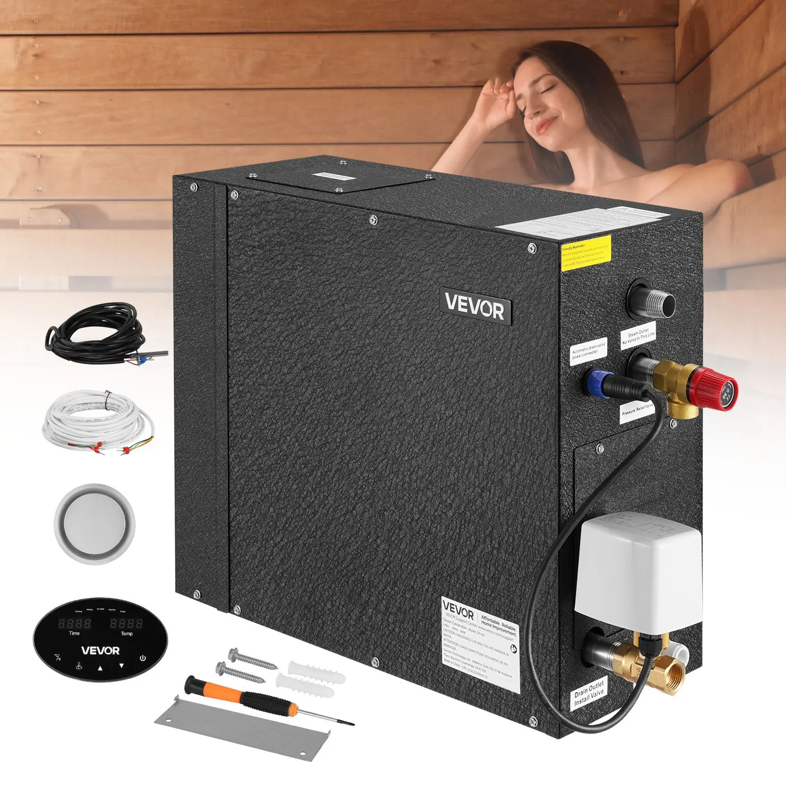 VEVOR DO-60 Steel Steam Generator for Pet Sauna Bath, 6 kW 220-240V System with Controller, 17.72x7.28x13.58in (450x185x345mm), 26.24lb, Fast & Continuous Steam, Auto Drain Kit, Protection Features, 10Min-24h Efficiency, Black, Hassle-Free Installation