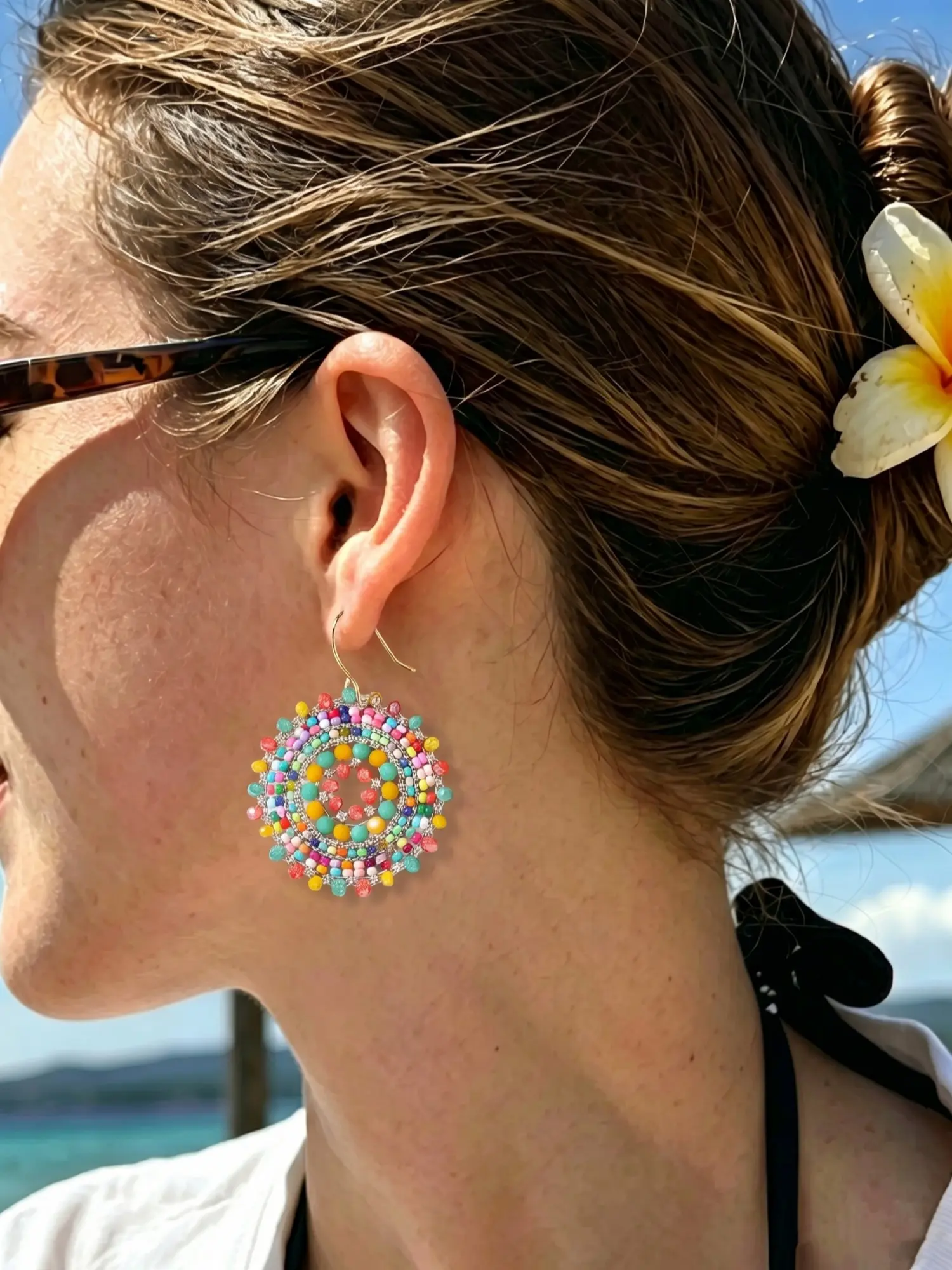 Boho Style Handmade Beaded Earrings, Hollow Out Round Colorblock Design, Lightweight Statement Jewelry, Perfect for Retro/vacation Lovers