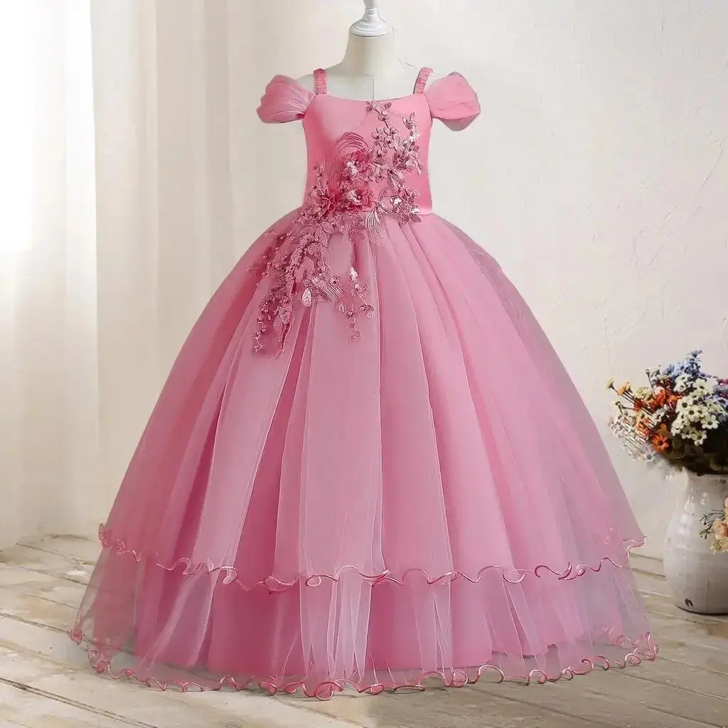5-14Y Girl's Sequin Layered Long Formal Gown - Cute Sweet Elegant Kids Dress for First Communion, Wedding Events, Sequins