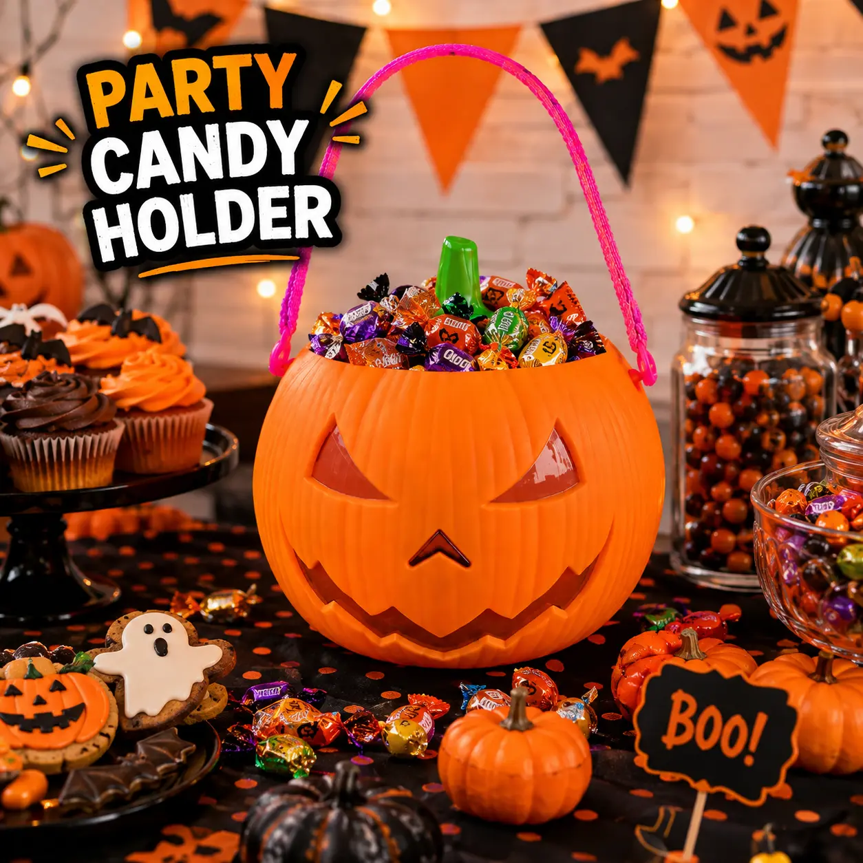 Halloween Pumpkin Candy Bucket with Light & Sound Effects, Battery Operated Jack O Lantern Trick or Treat Pail with Carry Strap, Reusable Candy Holder for Kids, Costume Parties, Haunted House, Porch Decor & Halloween Party Supplies