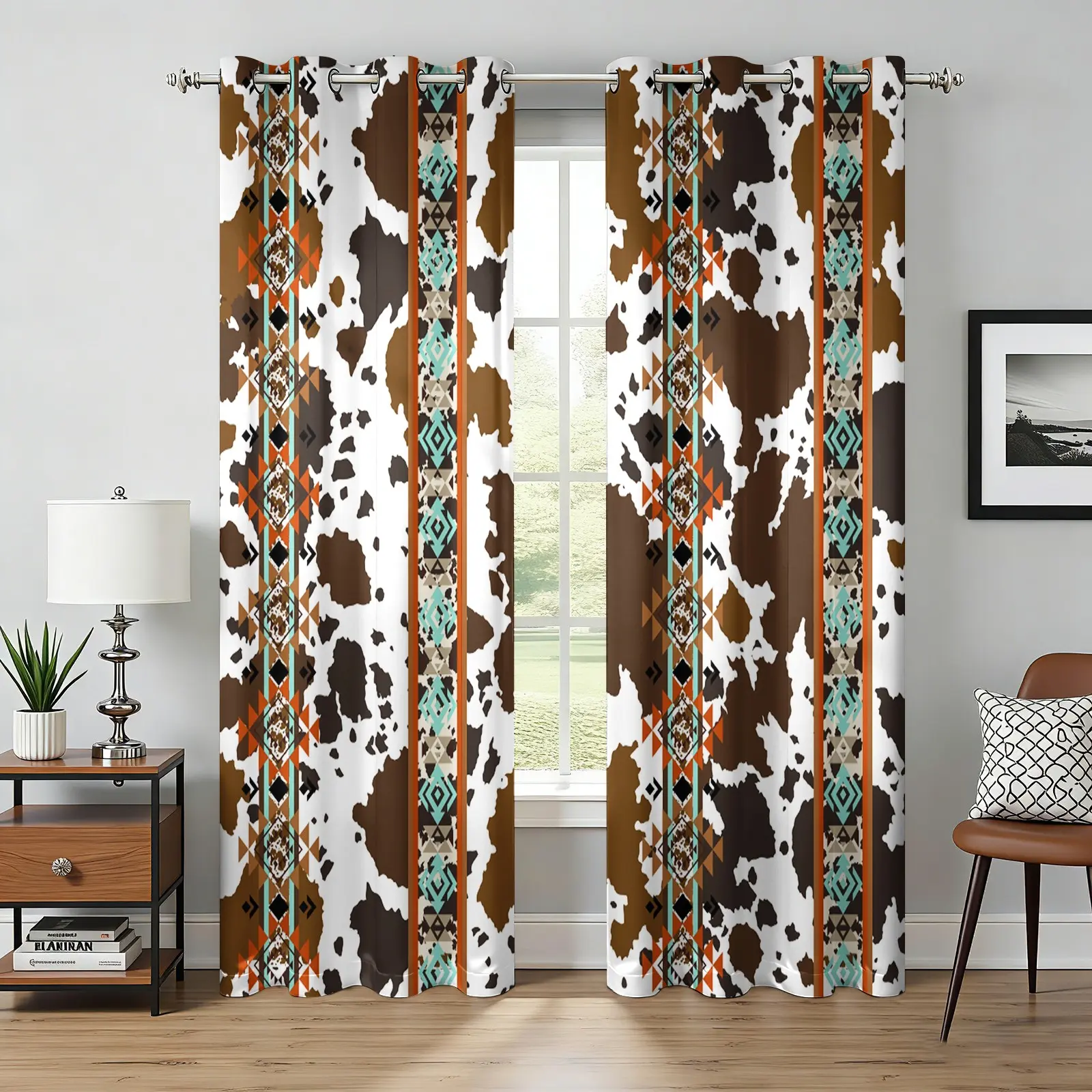 2 Panels Western Cowhide Aztec Print Curtains, Hand-Drawn Turquoise Tribal Pattern, Light Darkening Curtains for Farmhouse Bedroom, Southwest Cow Themed for Cowboy Lovers Living Room & Cabin