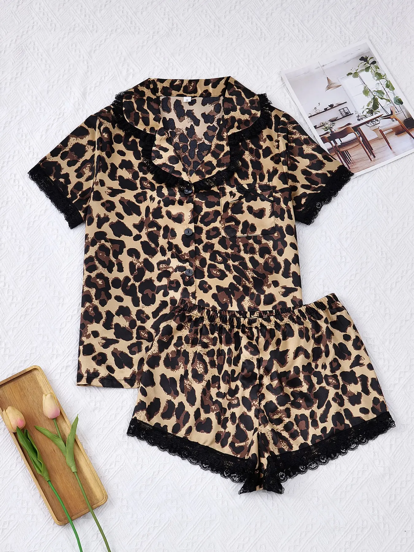 Women's Fashion Sleepwear Set, Leopard Print Lace Edge Wild Style Cool Hooded Cardigan Short Sleeve Shorts Two Piece Set