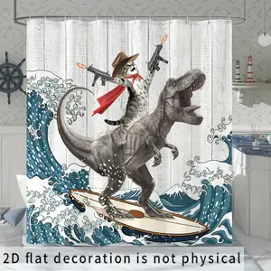 Fun Cat & T-Rex Surfing Shower Curtain — "Kanto Waves" & "Western Cowboy Cat" — Dinosaur Bathroom Curtain — Humorous Cartoon Toilet Decor Curtain — Includes Hooks — Suitable for American, Retro, or Bohemian Styles (Comes with 12 Hooks)