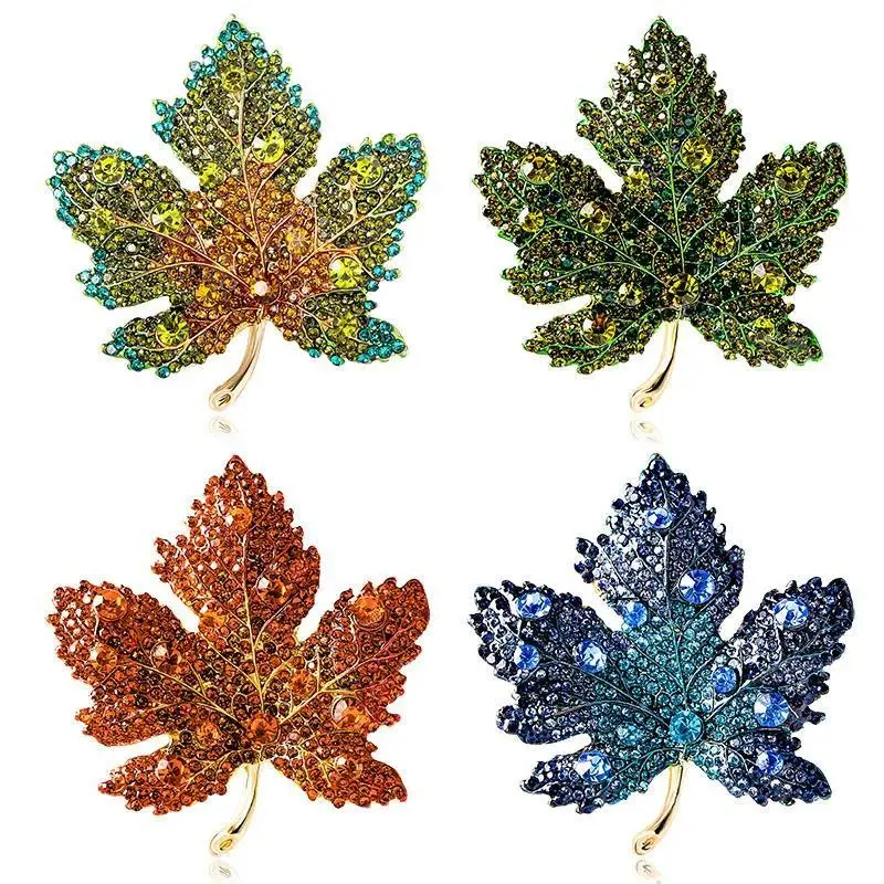 Rhinestone Blue Maple Leaf Brooch for Ladies - Elegant Fashion Jewelry Pin for Wedding & Party Events