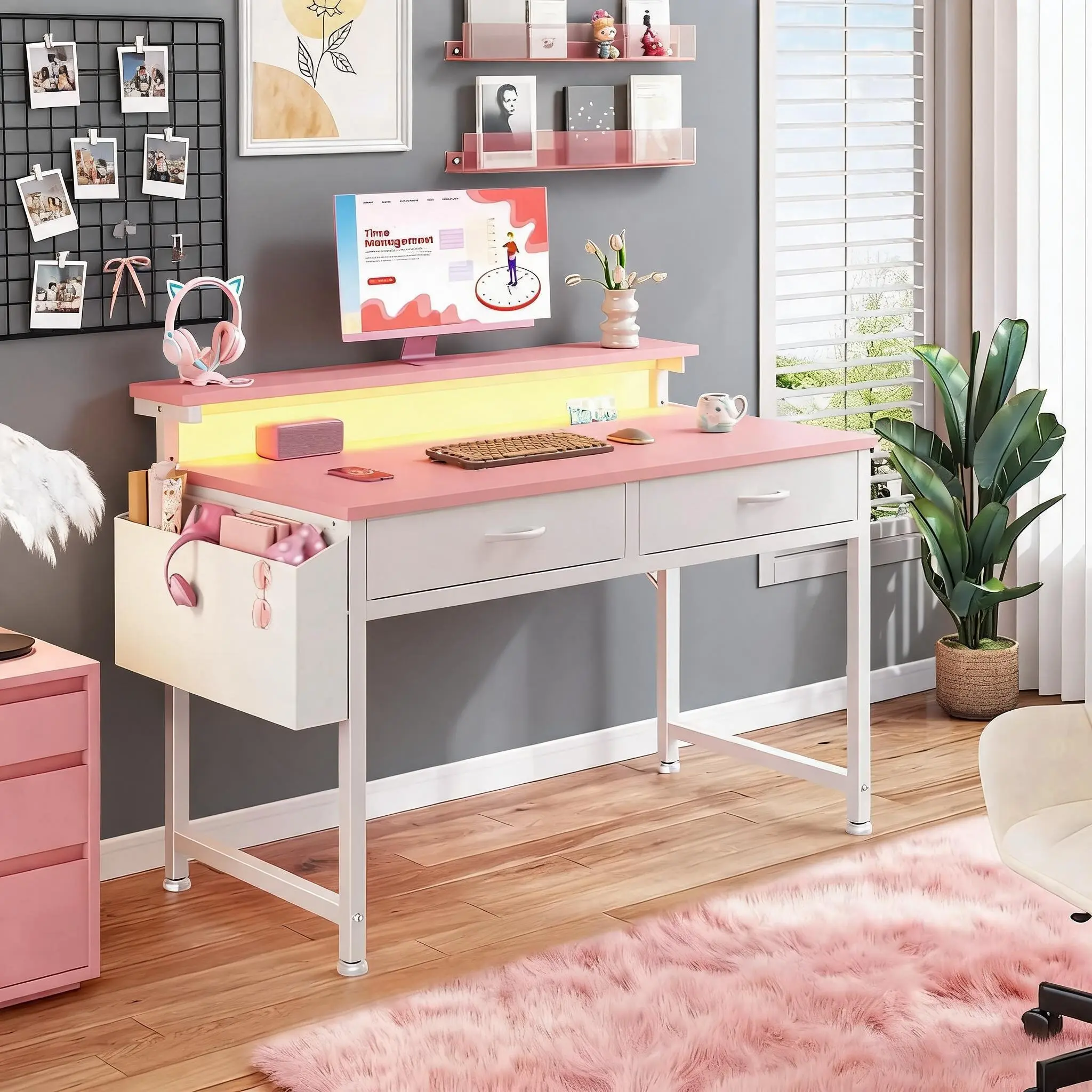 Coquette Pink 39.4 Inch Rectangular Computer Desk with LED Strip, Adjustable Ergonomic Monitor Riser, 2 Fabric Drawers & Side Storage Pocket, Anti-Tip Heavy Duty Steel Frame Workstation Desk for Women Teen Girls Home Office Dorm Bedroom Small Apartment Ae