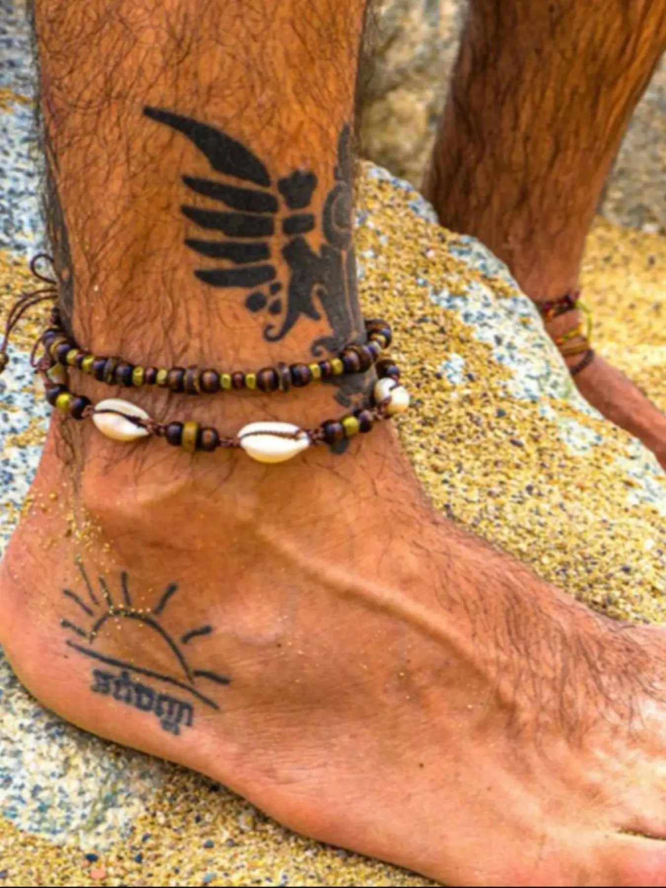 Boho Ethnic Shell Wood Bead Coconut Shell Anklet, Adjustable Woven Beach Vacation Bracelet, Men's Fashion Jewelry, Trendy Accessory