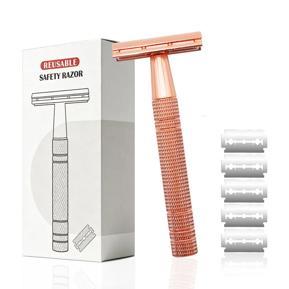 Rose Gold Dual-Blade Safety Razor for Women, Single Blade Design, 5 Platinum-Coated Blades, Non-Slip Metal Handle, Reusable, Eco-Friendly, Daily Shaving Tool