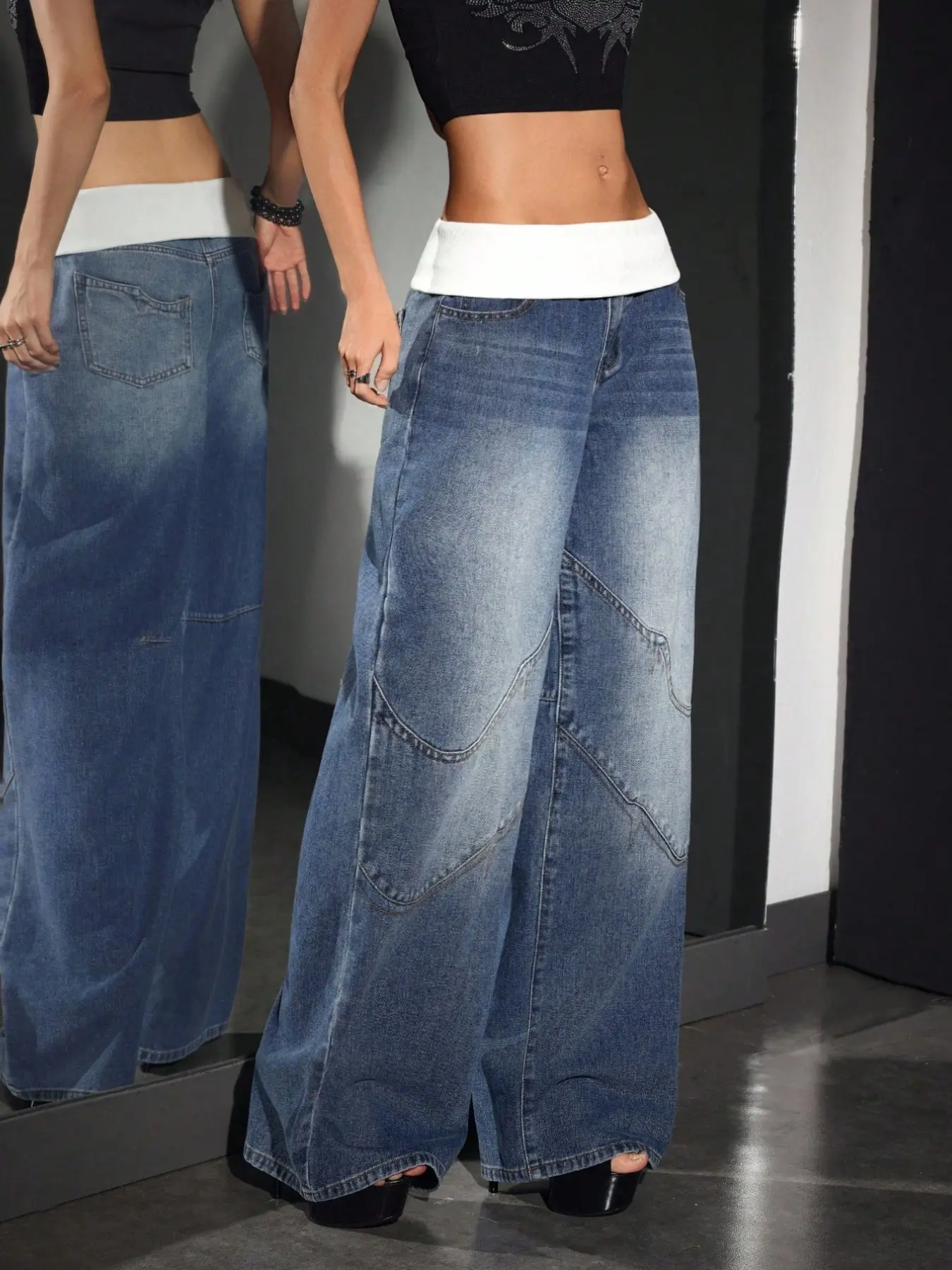 Women's Low Waist Turned-Up Hem Denim Jeans, Arc Stitch Straight Leg Wide Leg Baggy Oversize Loose Fit Pants, Perfect for Street Walking and Skateboarding Oversized Bottoms