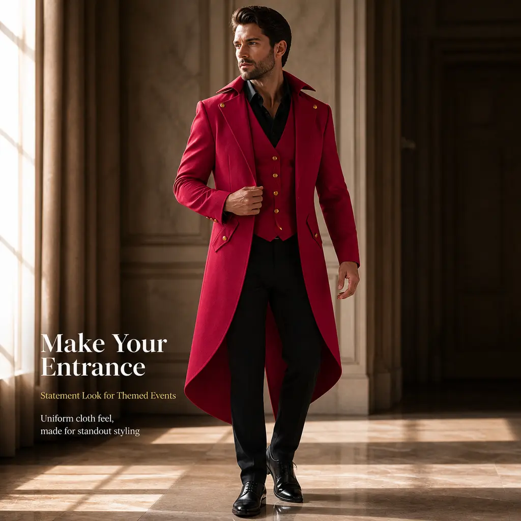Men's Gothic Red Frock Tailcoat - Victorian Steampunk Long Outerwear for Renaissance Gentleman Themed Party Cosplay