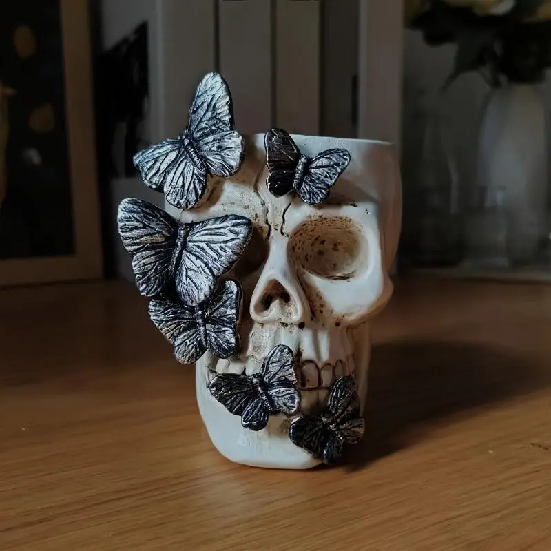 Halloween Butterfly Skull Pen Holder, Creative Resin Craft, Unique Desktop Decoration, Halloween Home Office Accessory, Perfect Gift, Pen Cup, Desktop Accessories