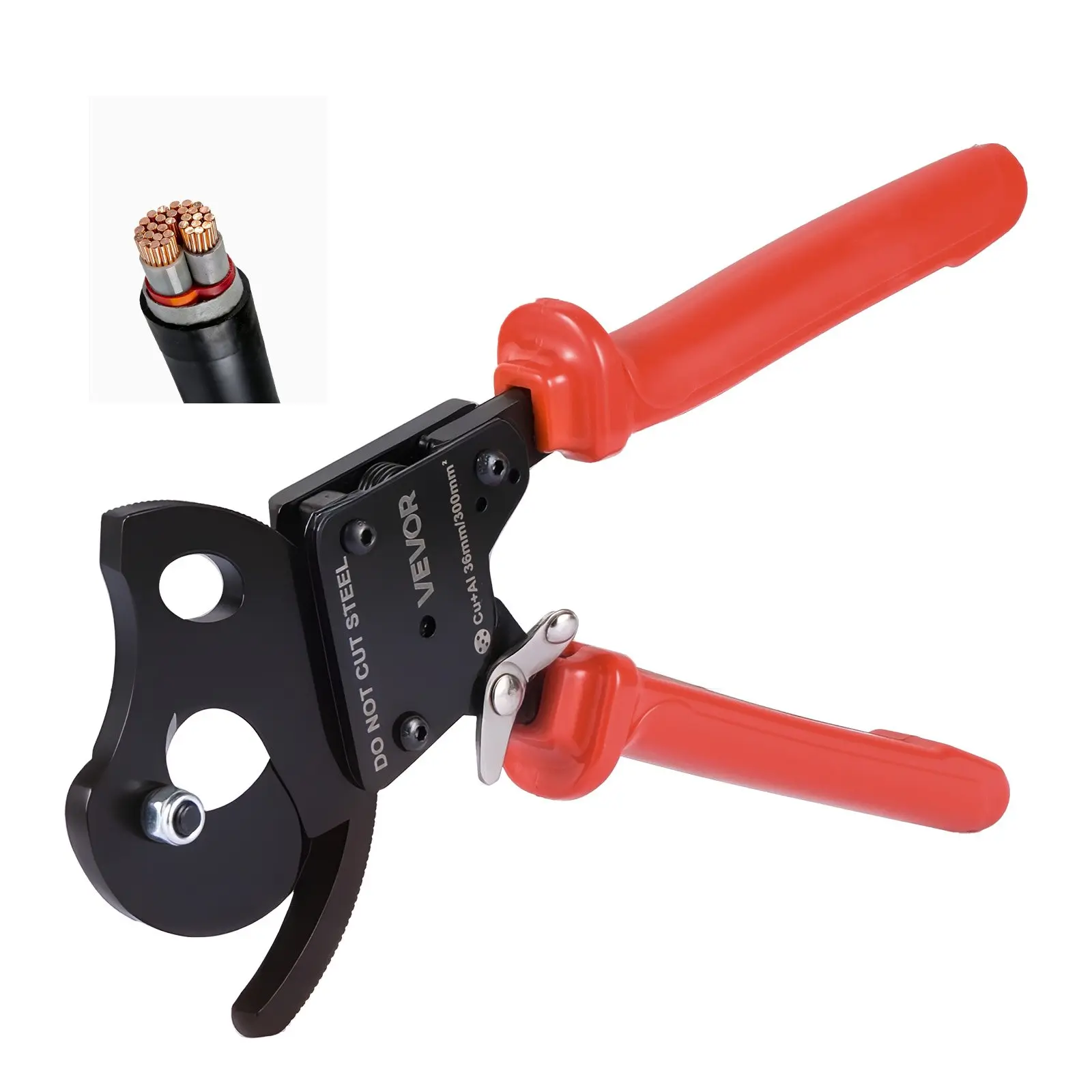 VEVOR Ratcheting Cable Cutter, Spring Steel Blades with PVC-Coated Handles, Quick-Release Button, Heavy Duty Ratchet Cable Wire Cutter for Cutting Copper & Aluminum Cables Up to 600 MCM / 300 mm²
