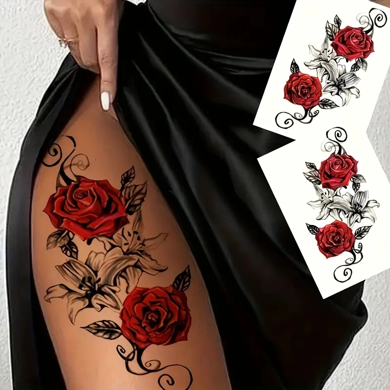 2pcs Red Temporary Rose Tattoo Stickers - Realistic rotating floral design, waterproof body art, suitable for ladies' chests and thighs, perfect for parties, performances, photography, party accessories, and festival activities