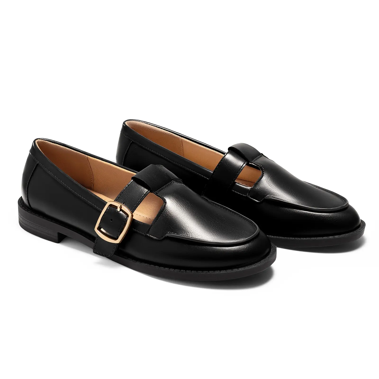 Coutgo Women's T-Strap Faux Leather Loafers, Elegant Round Toe Slip-On Lightweight Walking Shoes for Work Business, Casual Loafer