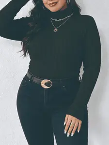 Plus Size Ribbed Turtleneck Top, Curvy Friendly, Long Sleeve, Slim Fit Knitwear