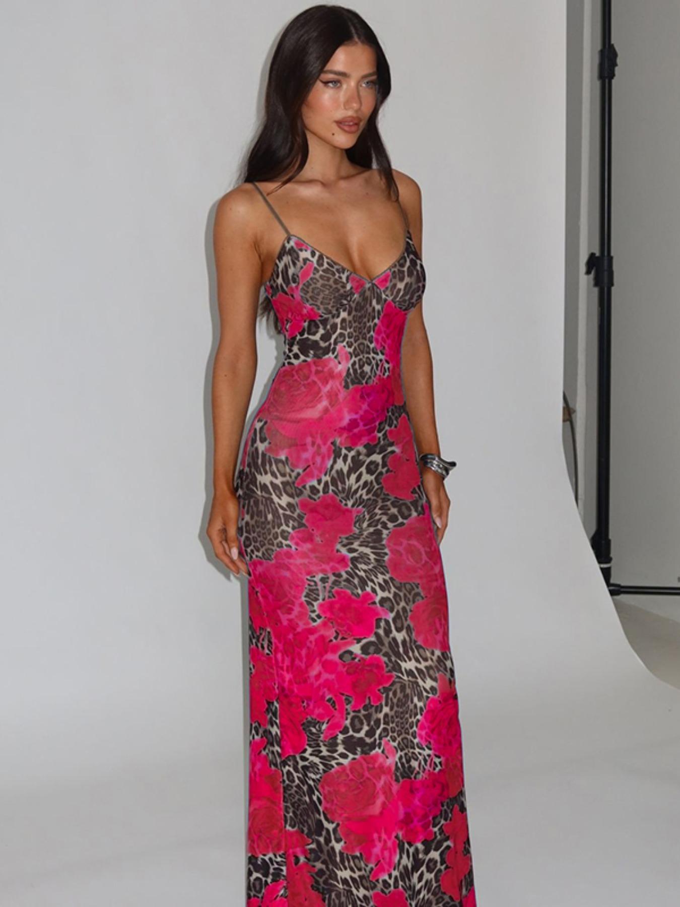 Women's Leopard & Floral Print Cami Spaghetti Strap Dress, Fashion Casual Sleeveless Bodycon Maxi Dress for Party Club Dating Wear, Ladies Summer Clothes Bodycon Fit Dress, Floral Pattern Dress