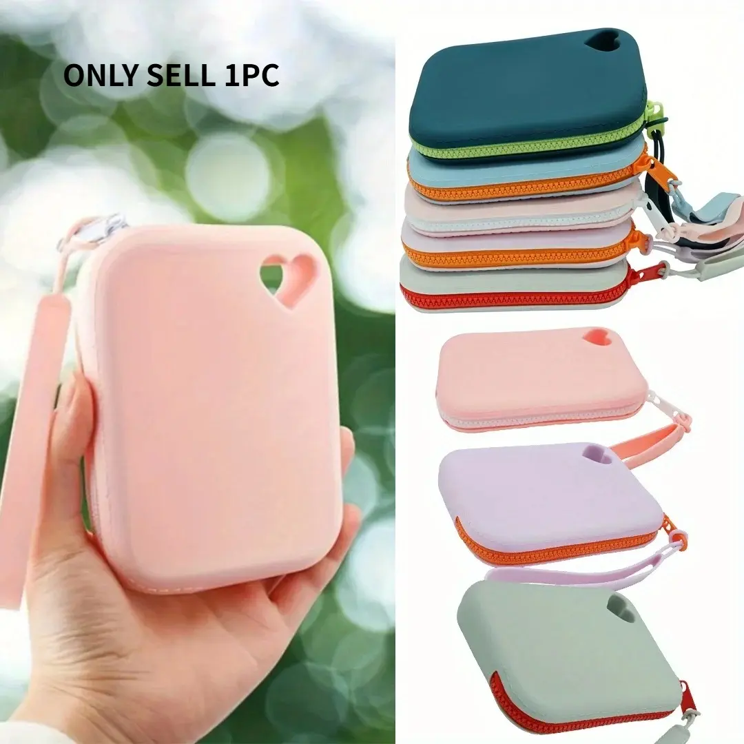 Silicone Storage Case with Heart‑Shaped Hole, Portable Zipper Cable Organizer Pouch with Lanyard, Travel Protective Carrying Bag for Earbuds, USB Drives, Charger and Small Accessories