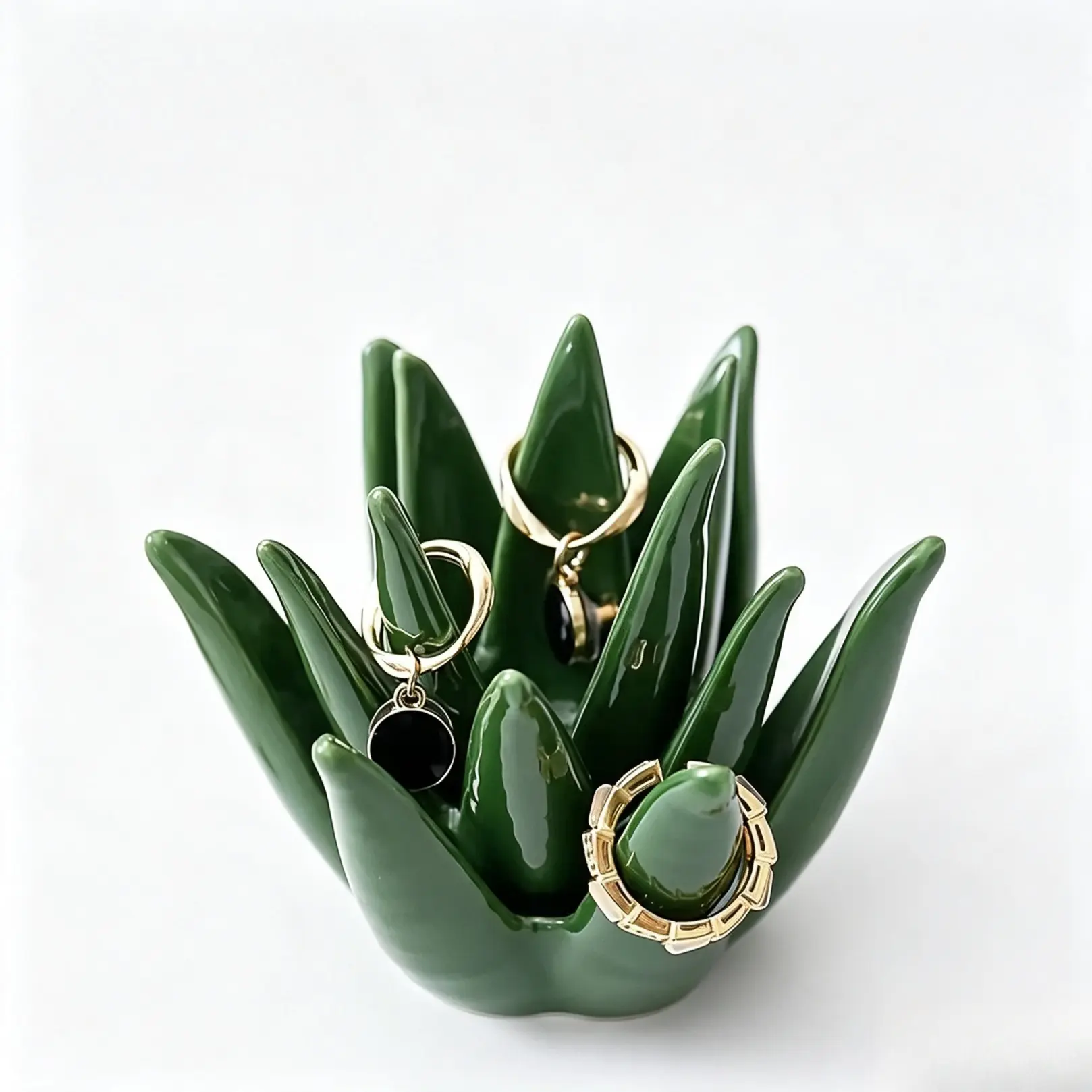 Ceramic Aloe Vera Ring Holder Tray, Cute Plant Shaped Jewelry Storage Display Stand, Decorative Desk Organizer For Rings Earrings, Elegant Gift For Women Mom Friends
