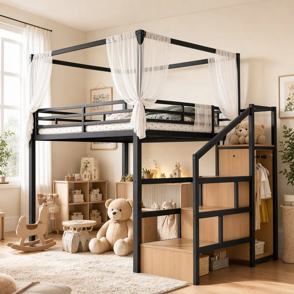 Full Size ARCH Metal Canopy Full Loft Bed with Storage Stairs, Drawers, Wardrobe & Hanging Closet - Heavy Duty Black, Space-Saving for Kids & Teens, Ideal for Apartment Decorating
