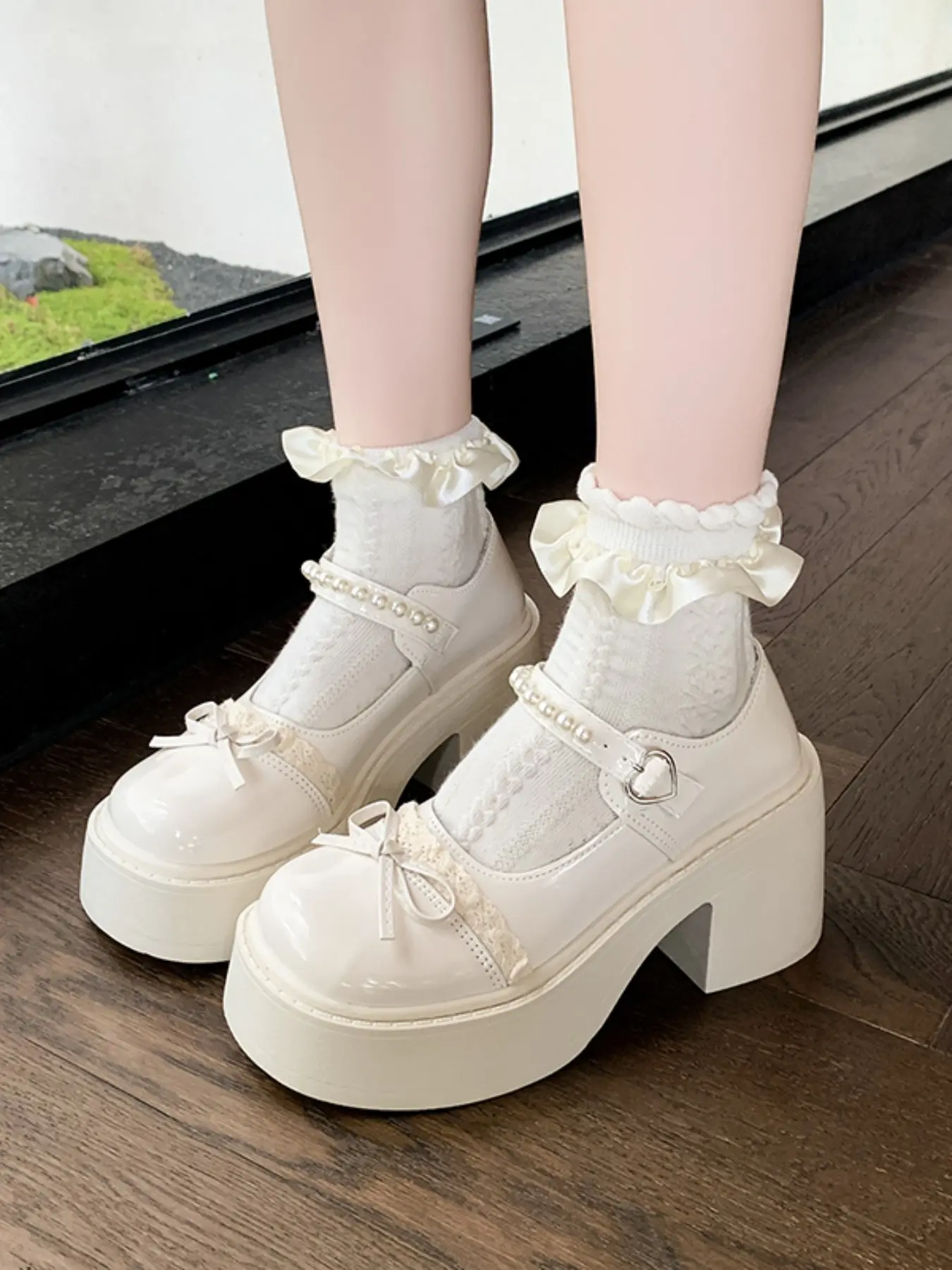 Sweet Lolita Pearl Thick Sole Classic Mary Jane Shoes, Lace Bow Heeled Sandals, Cute Jk Uniform Girl Skirt Shoes