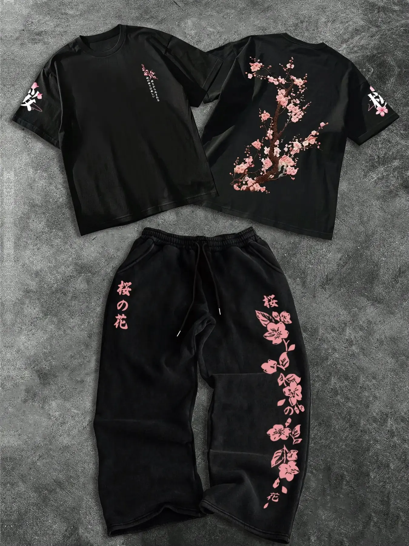 Japanese Cherry Blossom Print Short Sleeve Top + Wide Leg Sweatpants Set, Trendy Men's Fashion Two-Piece, Casual Streetwear Style