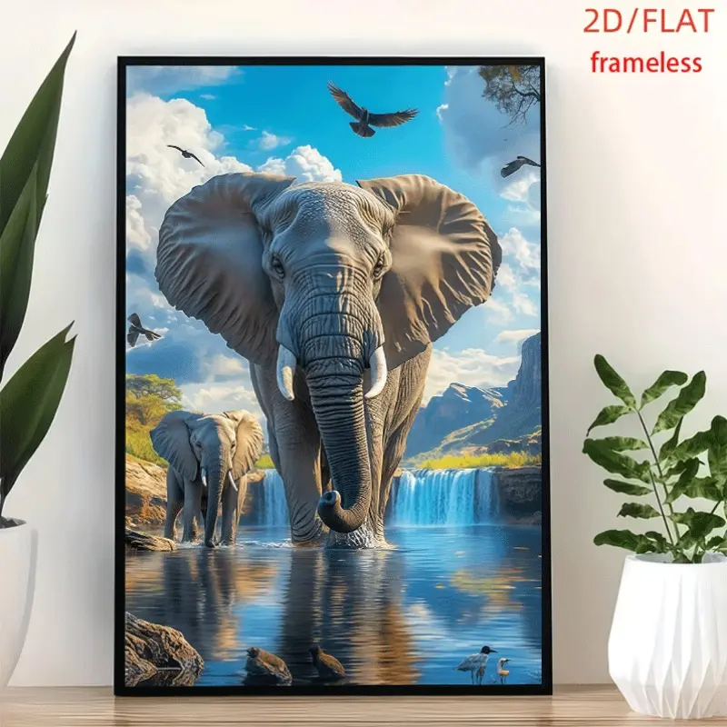 frameless Elephants Play In African Wild Scenery Art Decor Print Poster, Wall Art for Living Room, Bedroom, Office, Dining Room & Bar, Perfect Gift & Home Decor, 12in x 16in