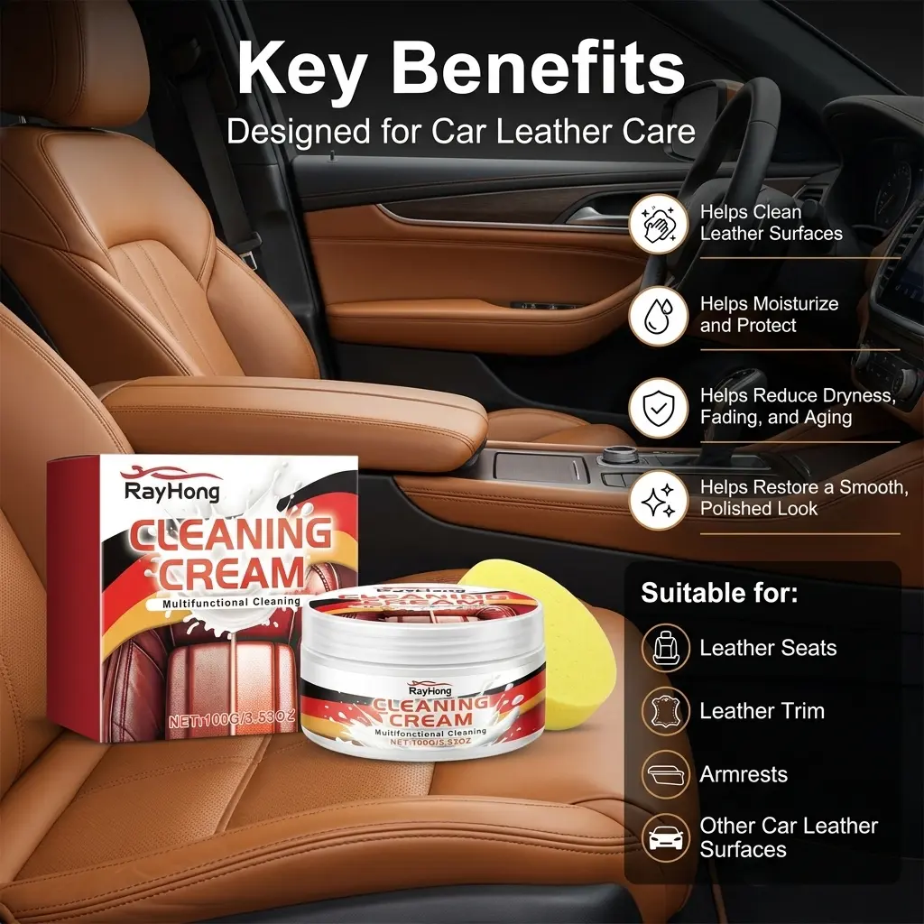 Leather Upholstery Cleaner Cream - Car Wipe-On Care Paste for Seats, Dashboard, Door Panels, Console, Vinyl, Plastic Trim, Stain/Dirt/Grime Removal, Glossy Shine, Surface Renewal, Moisturizes, Protects, Interior Polish for Daily Detailing, Cleaning